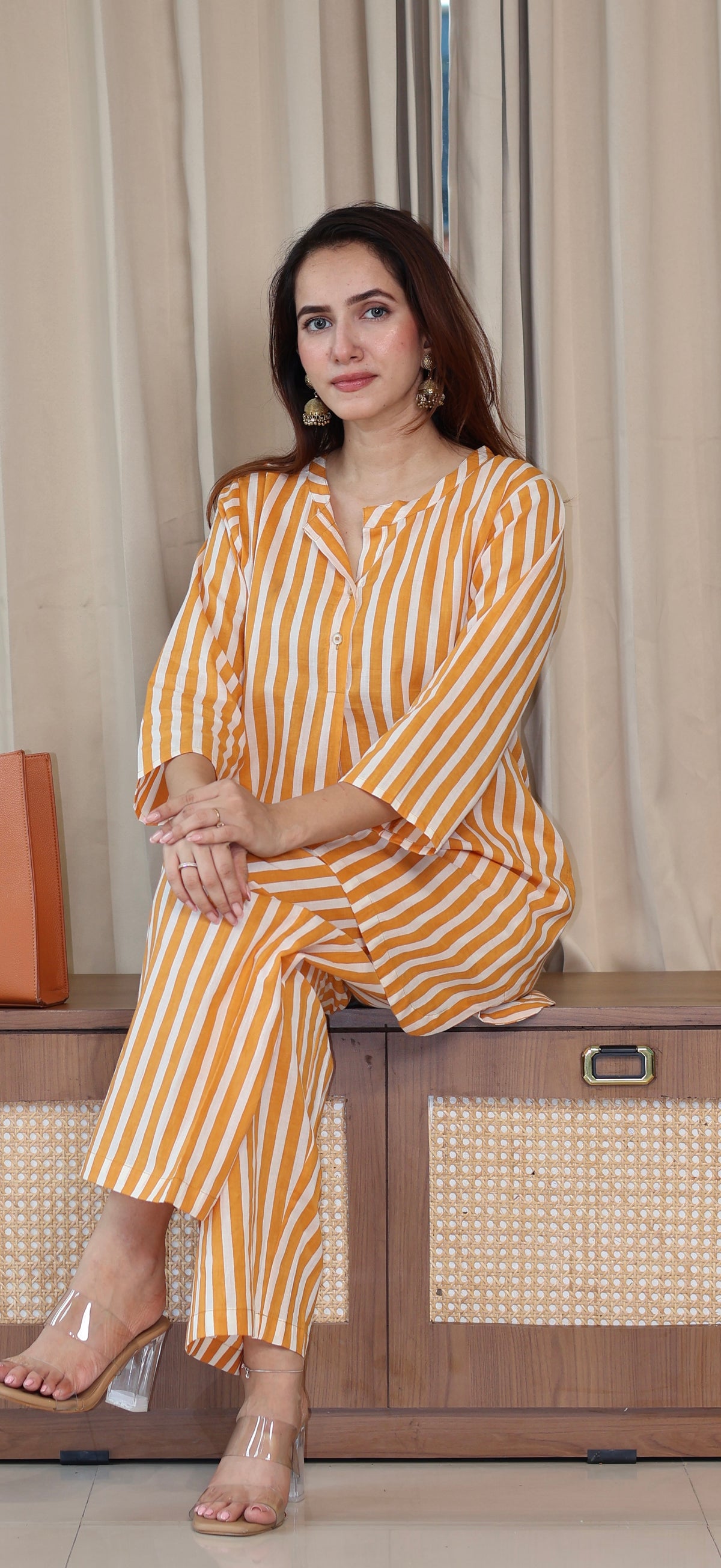 Mustard Yellow/Ivory Stripes Cotton Kurta Set