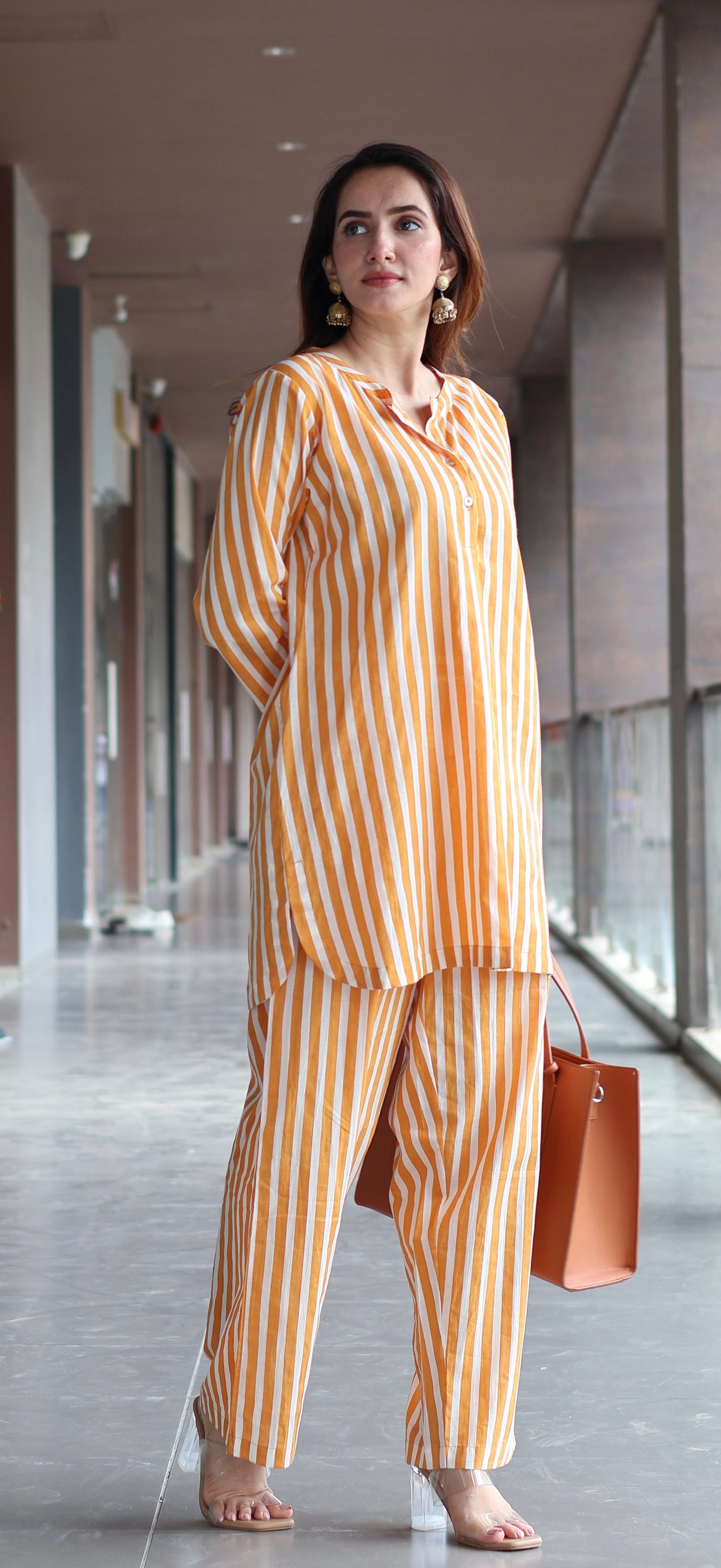 Mustard Yellow/Ivory Stripes Cotton Kurta Set