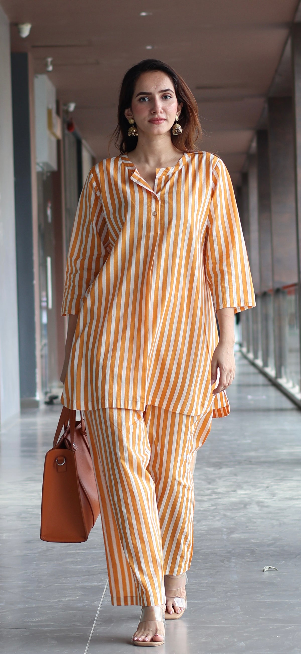 Mustard Yellow/Ivory Stripes Cotton Kurta Set