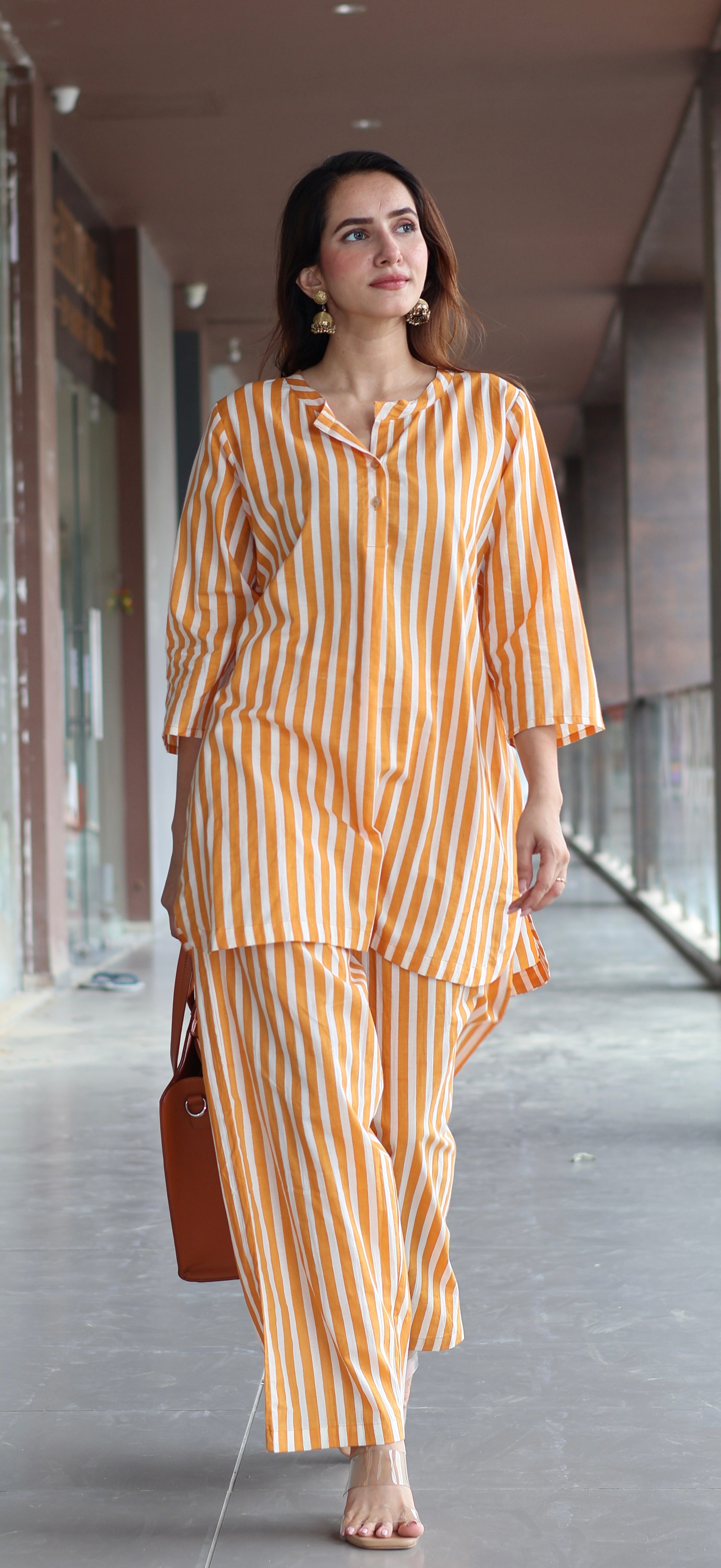 Mustard Yellow/Ivory Stripes Cotton Kurta Set