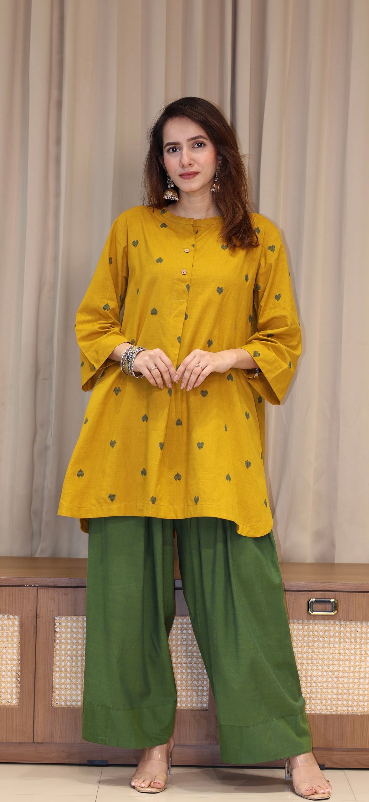 Ruchika Mercerised Cotton Handwoven Kurta Set  - Yellow Hearts