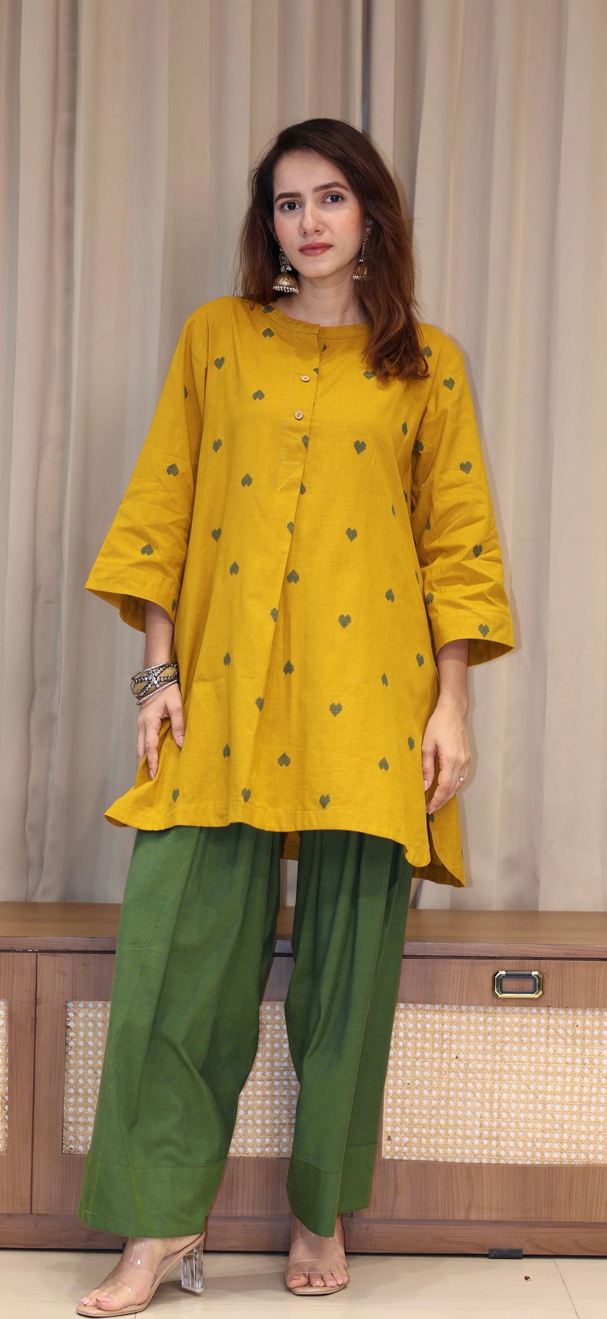 Ruchika Mercerised Cotton Handwoven Kurta Set  - Yellow Hearts