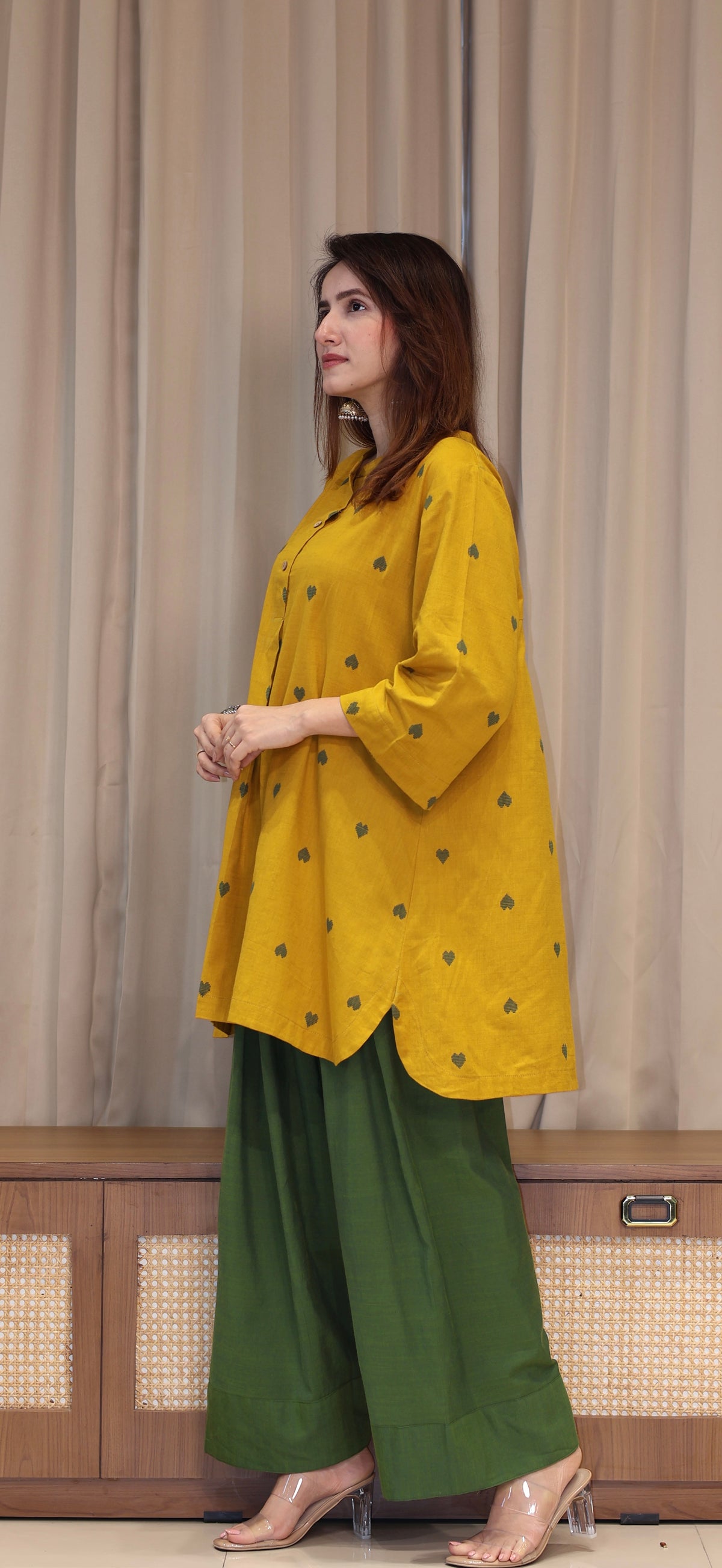 Ruchika Mercerised Cotton Handwoven Kurta Set  - Yellow Hearts