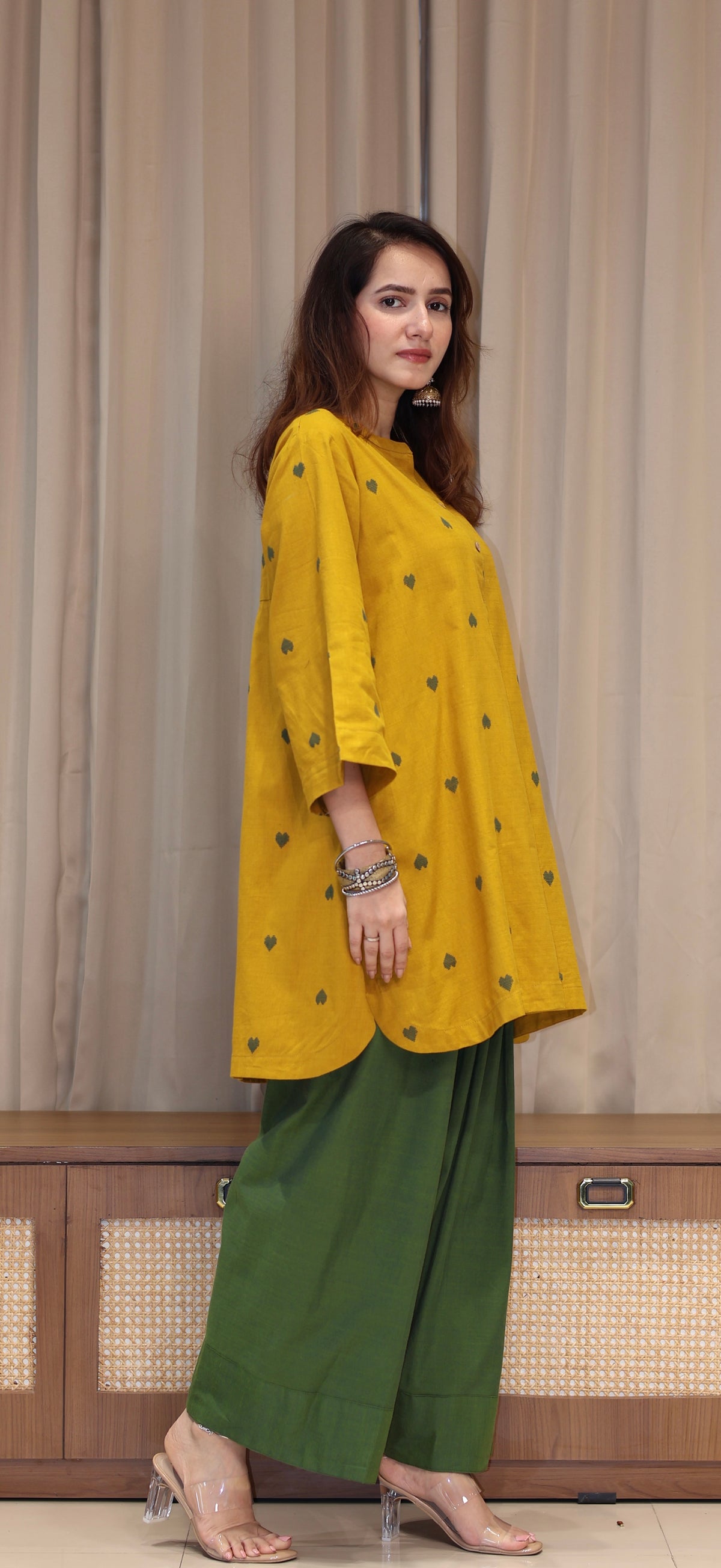 Ruchika Mercerised Cotton Handwoven Kurta Set  - Yellow Hearts