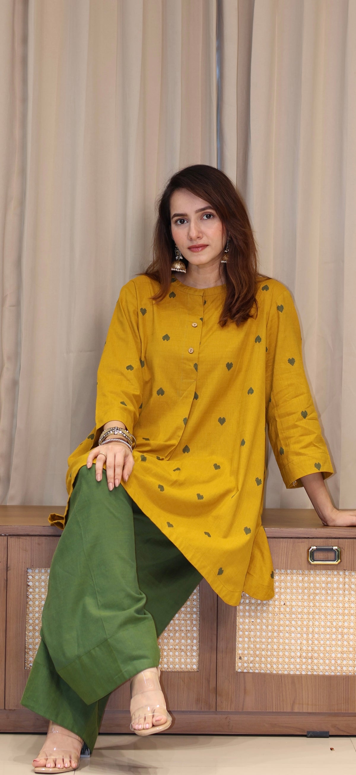 Ruchika Mercerised Cotton Handwoven Kurta Set  - Yellow Hearts