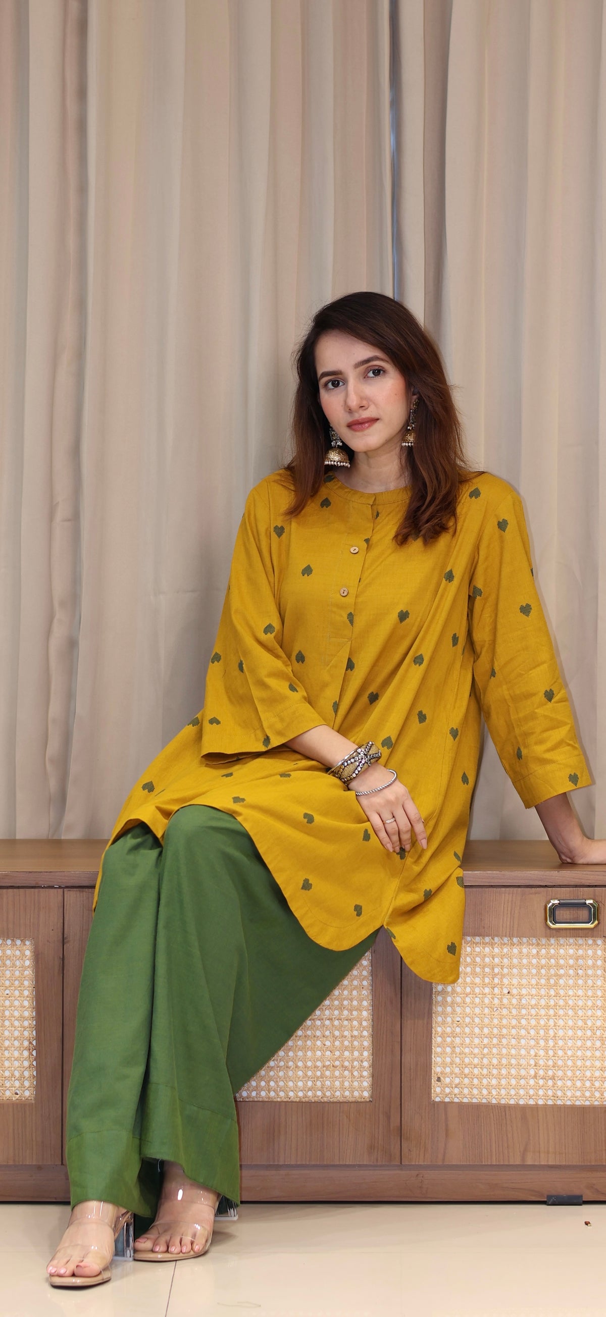 Ruchika Mercerised Cotton Handwoven Kurta Set  - Yellow Hearts