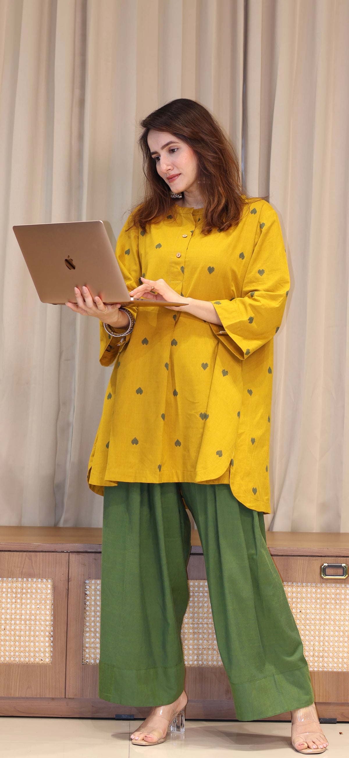 Ruchika Mercerised Cotton Handwoven Kurta Set  - Yellow Hearts
