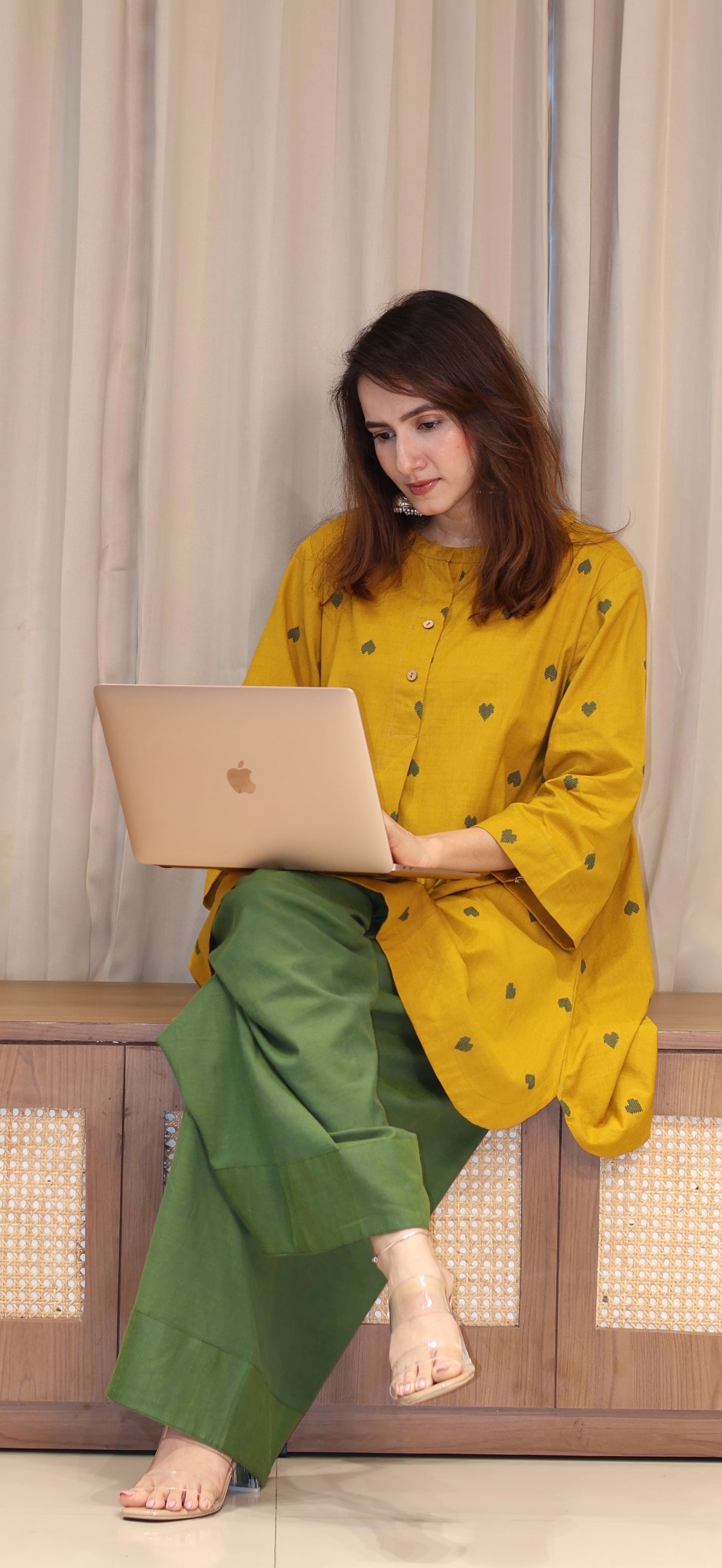 Ruchika Mercerised Cotton Handwoven Kurta Set  - Yellow Hearts