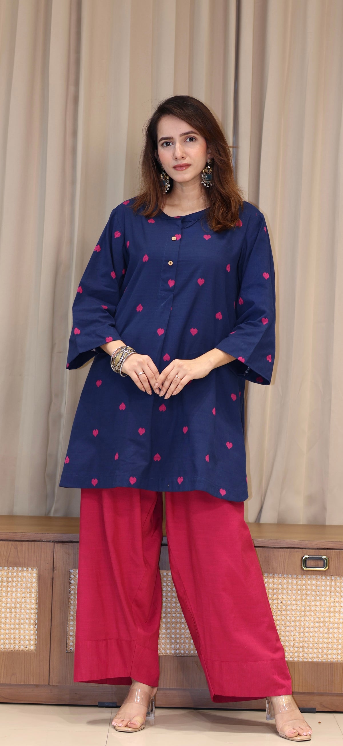 Rutvi Mercerised Cotton Handwoven Kurta Set  - Blue Hearts