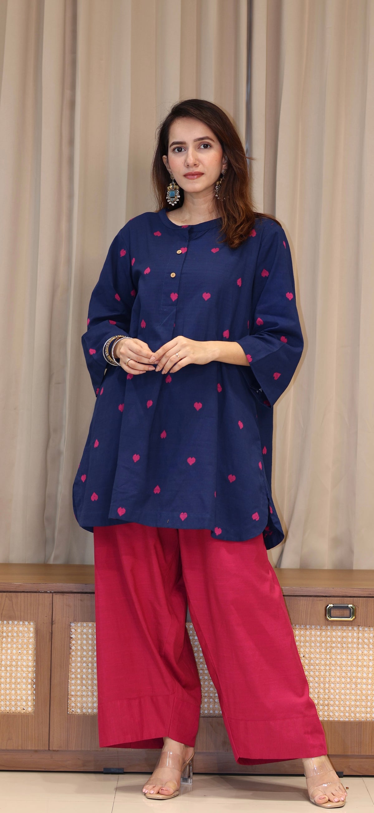 Rutvi Mercerised Cotton Handwoven Kurta Set  - Blue Hearts