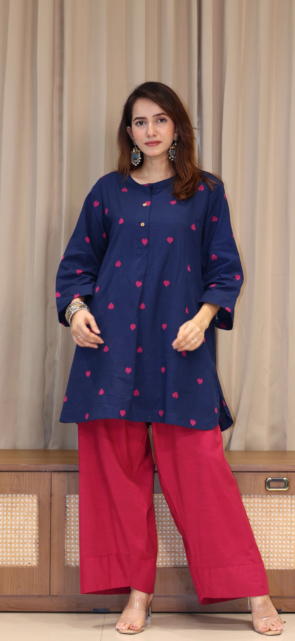 Rutvi Mercerised Cotton Handwoven Kurta Set  - Blue Hearts