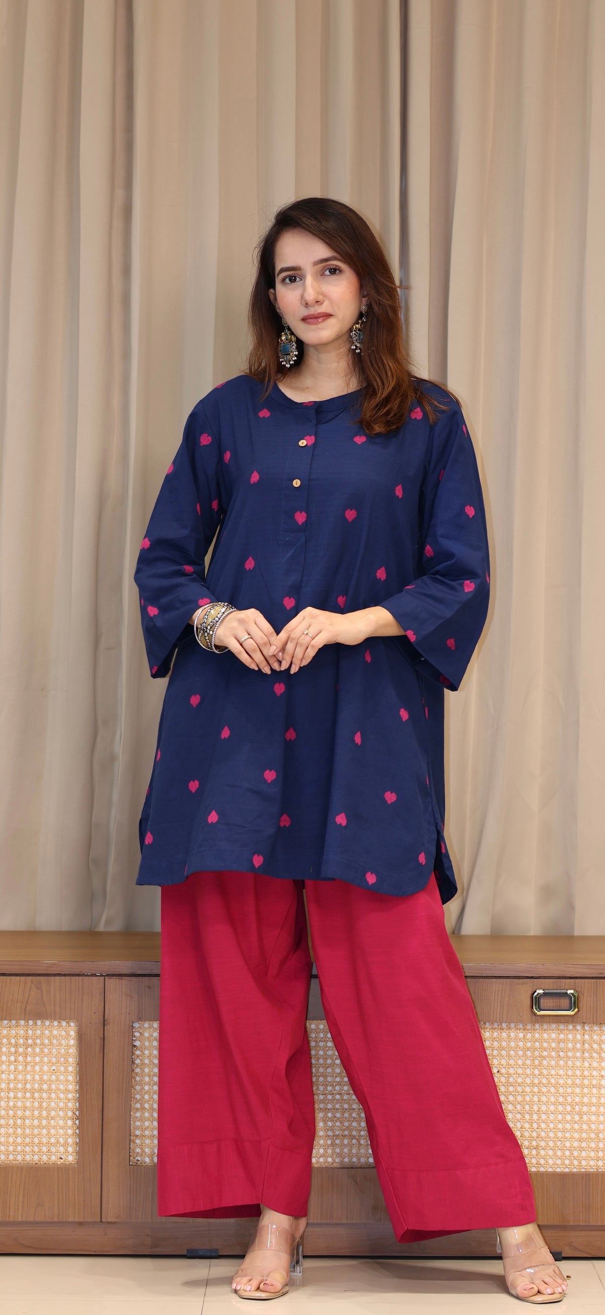 Rutvi Mercerised Cotton Handwoven Kurta Set  - Blue Hearts