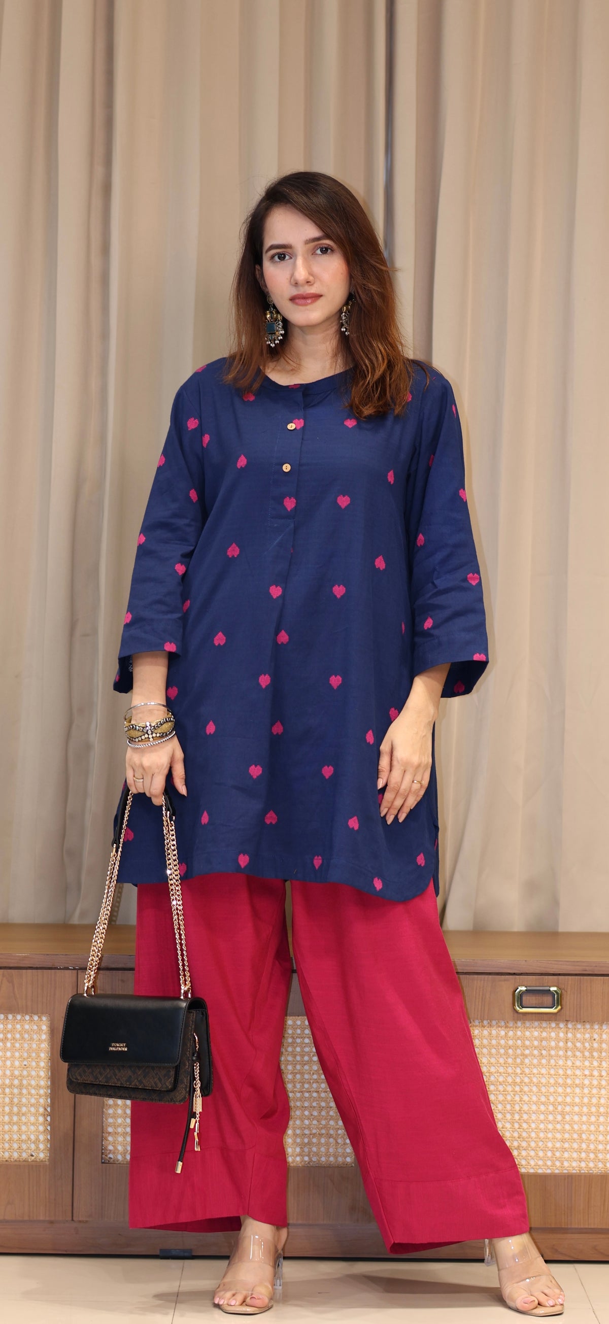 Rutvi Mercerised Cotton Handwoven Kurta Set  - Blue Hearts