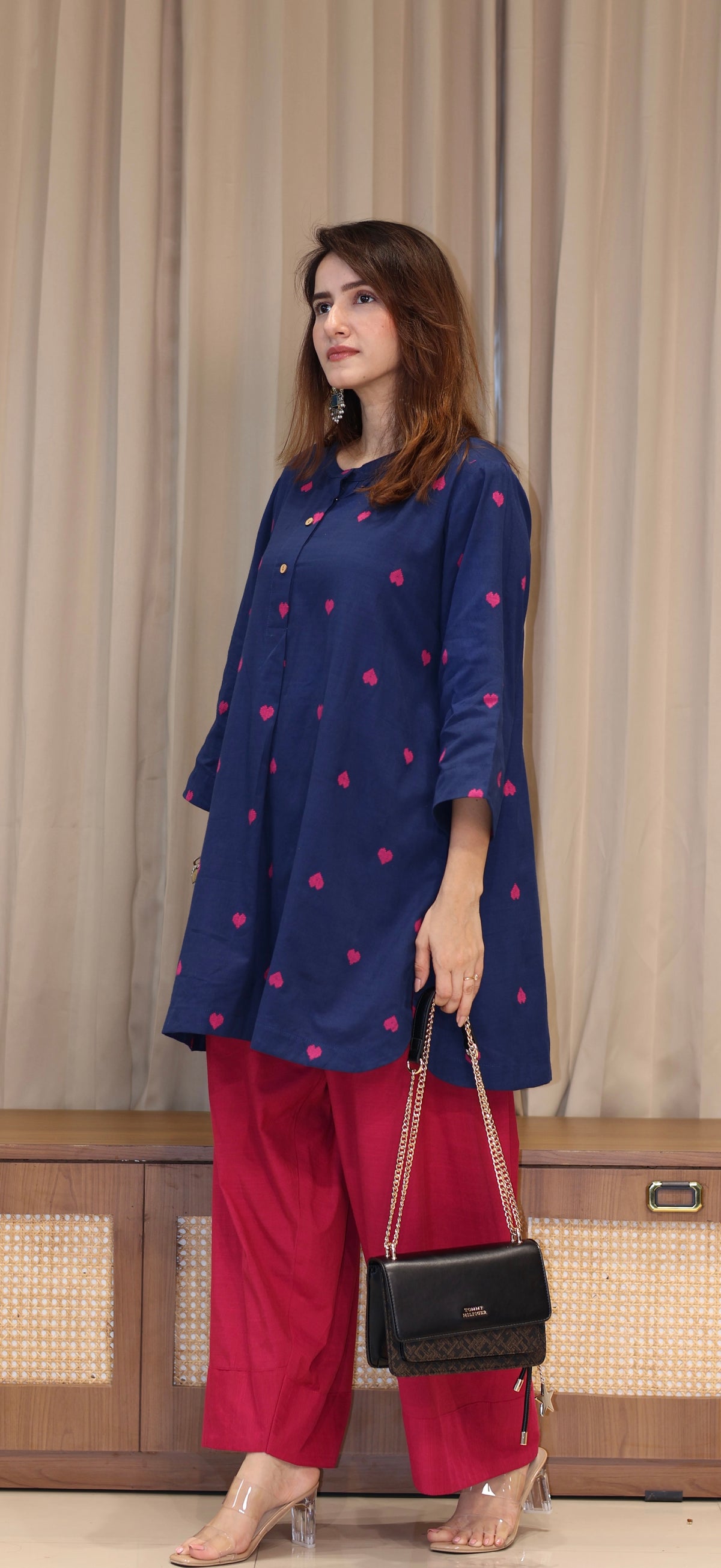Rutvi Mercerised Cotton Handwoven Kurta Set  - Blue Hearts