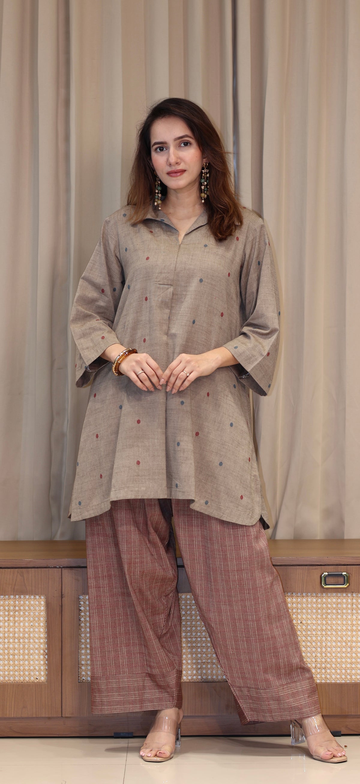 Tanvika Mercerised Cotton Handwoven Kurta Set  - Warm Taupe