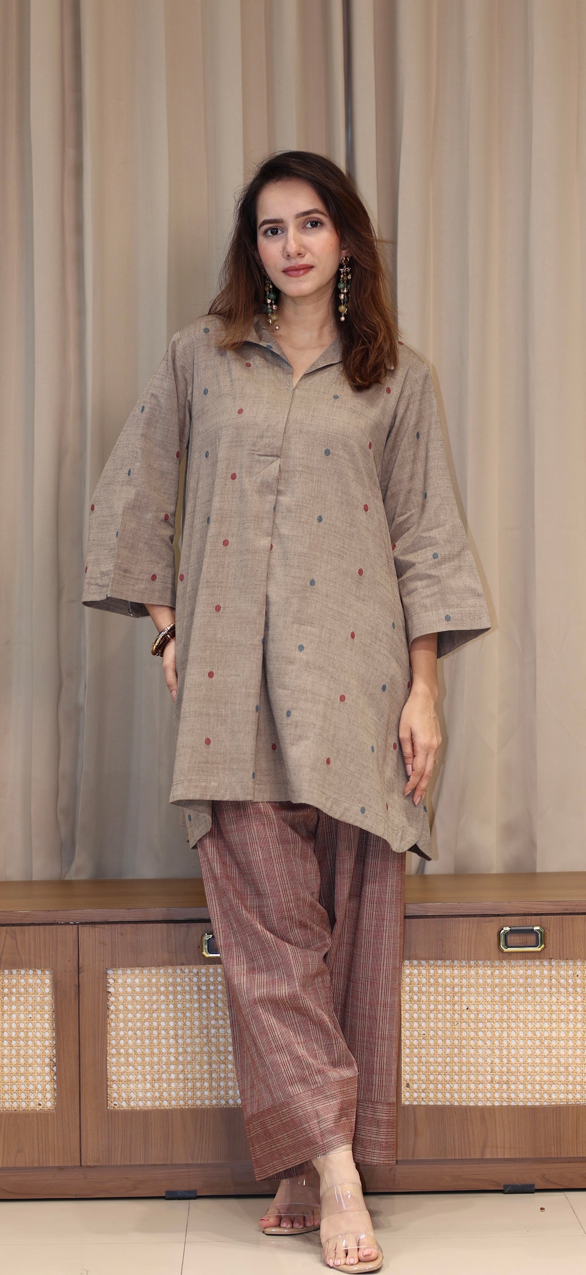 Tanvika Mercerised Cotton Handwoven Kurta Set  - Warm Taupe