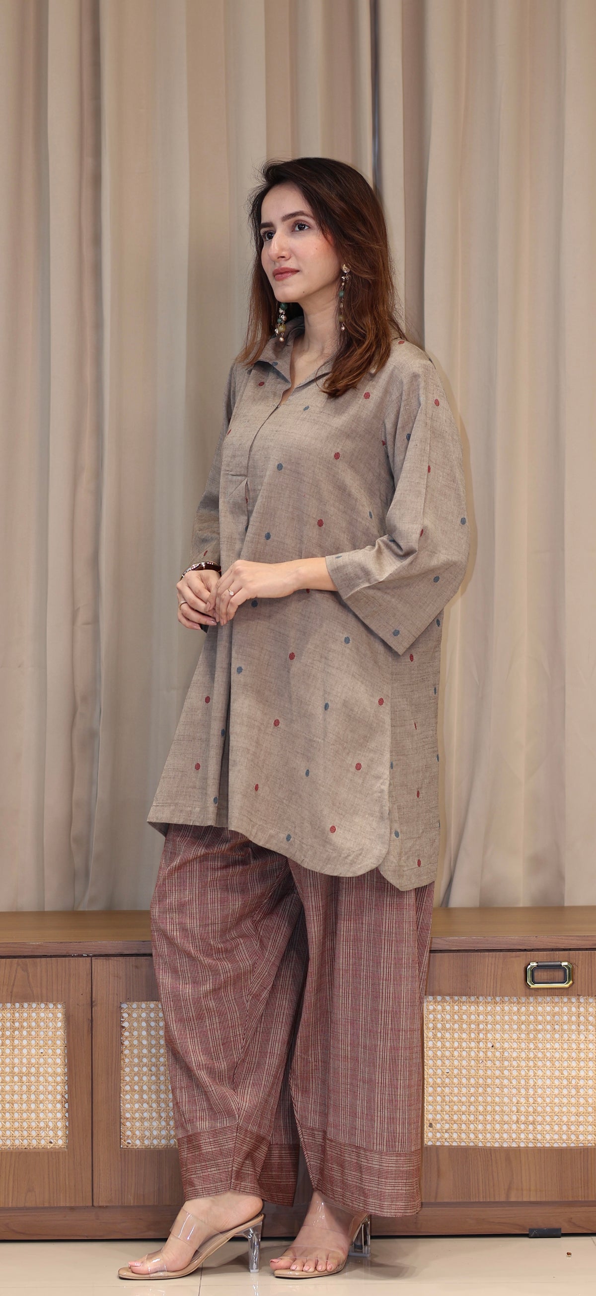 Tanvika Mercerised Cotton Handwoven Kurta Set  - Warm Taupe