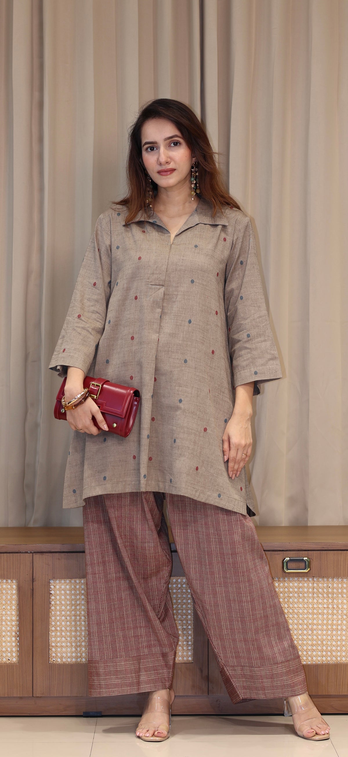 Tanvika Mercerised Cotton Handwoven Kurta Set  - Warm Taupe