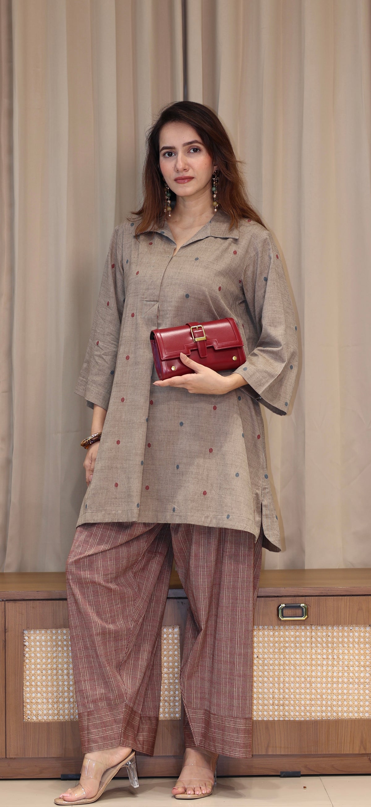 Tanvika Mercerised Cotton Handwoven Kurta Set  - Warm Taupe