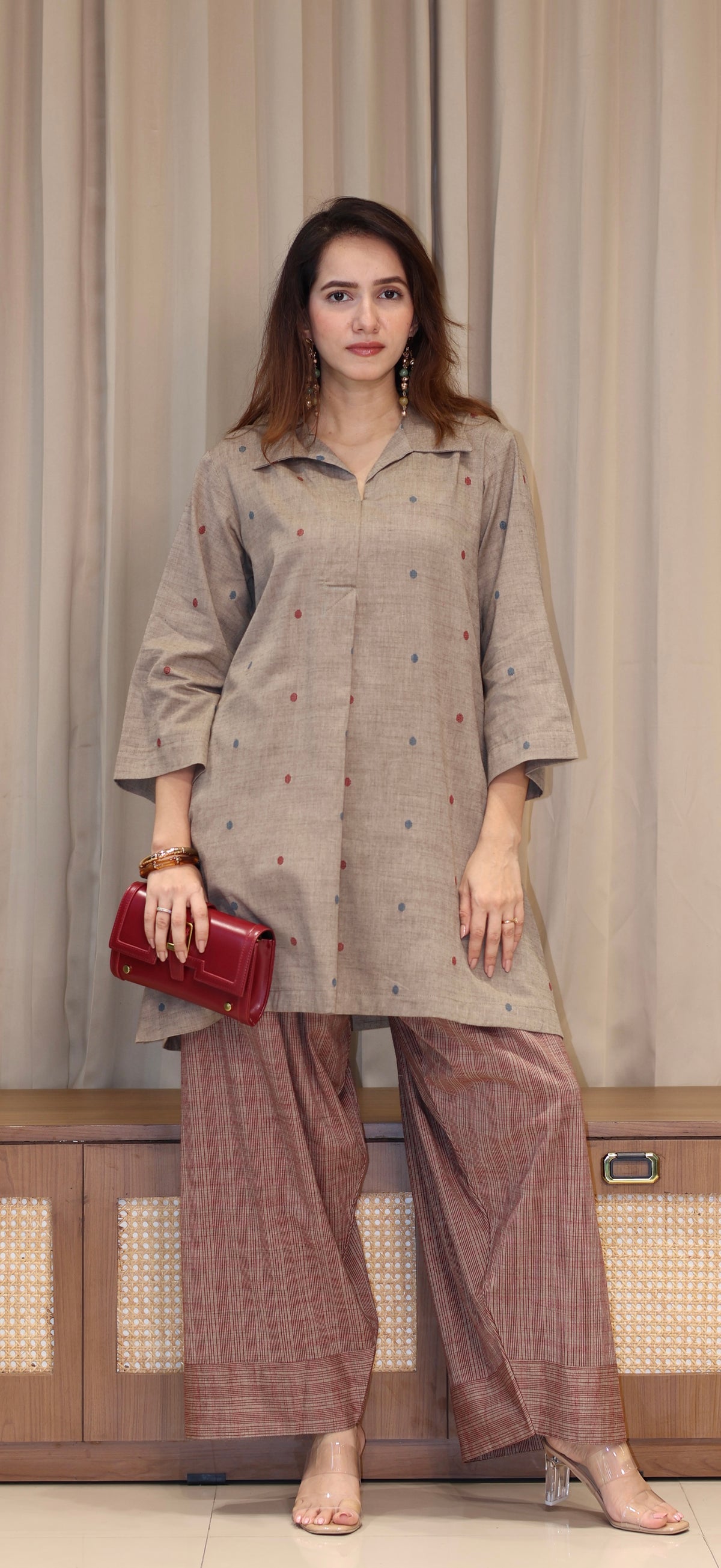 Tanvika Mercerised Cotton Handwoven Kurta Set  - Warm Taupe