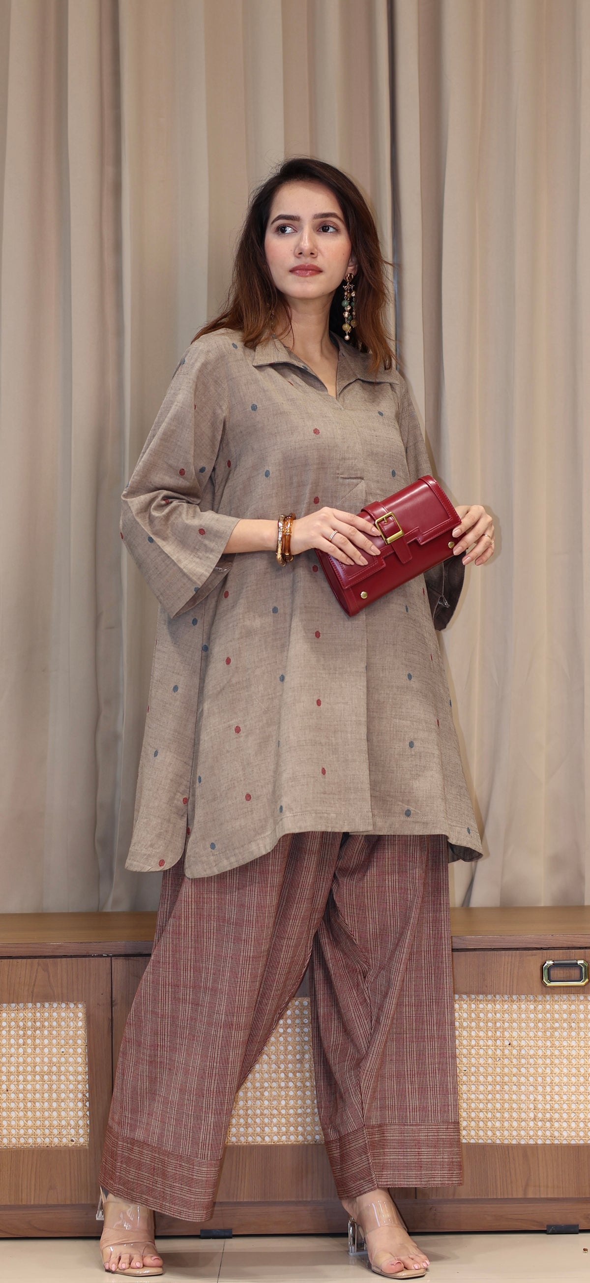 Tanvika Mercerised Cotton Handwoven Kurta Set  - Warm Taupe
