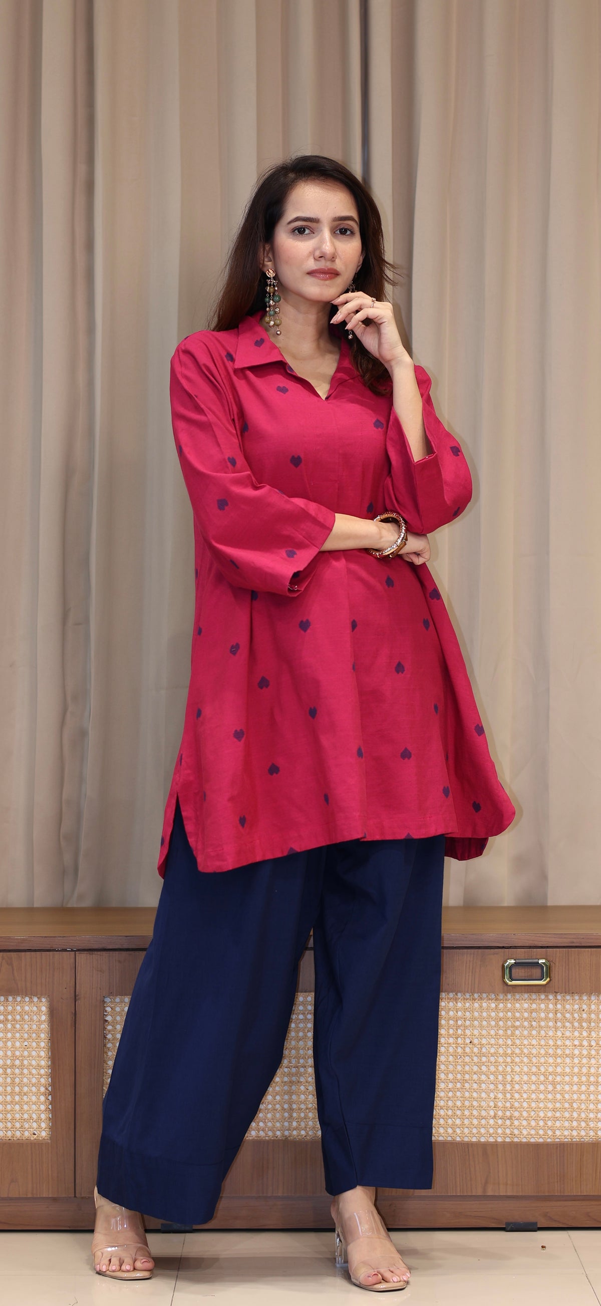 Divisha Mercerised Cotton Handwoven Kurta Set - Pink Hearts