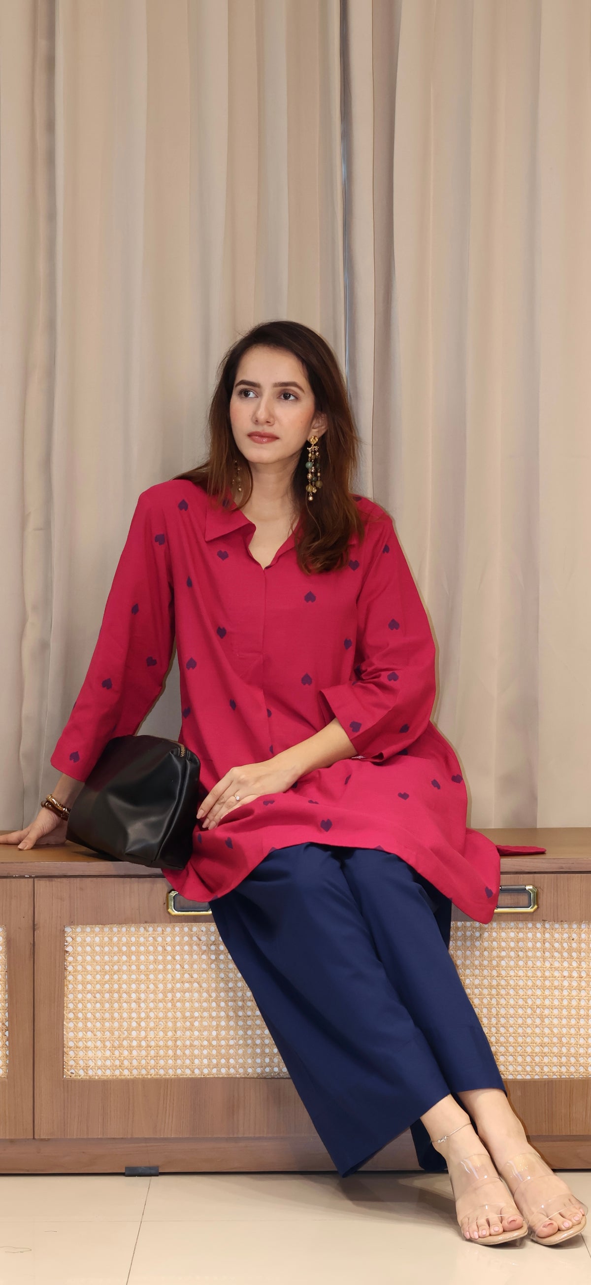Divisha Mercerised Cotton Handwoven Kurta Set - Pink Hearts