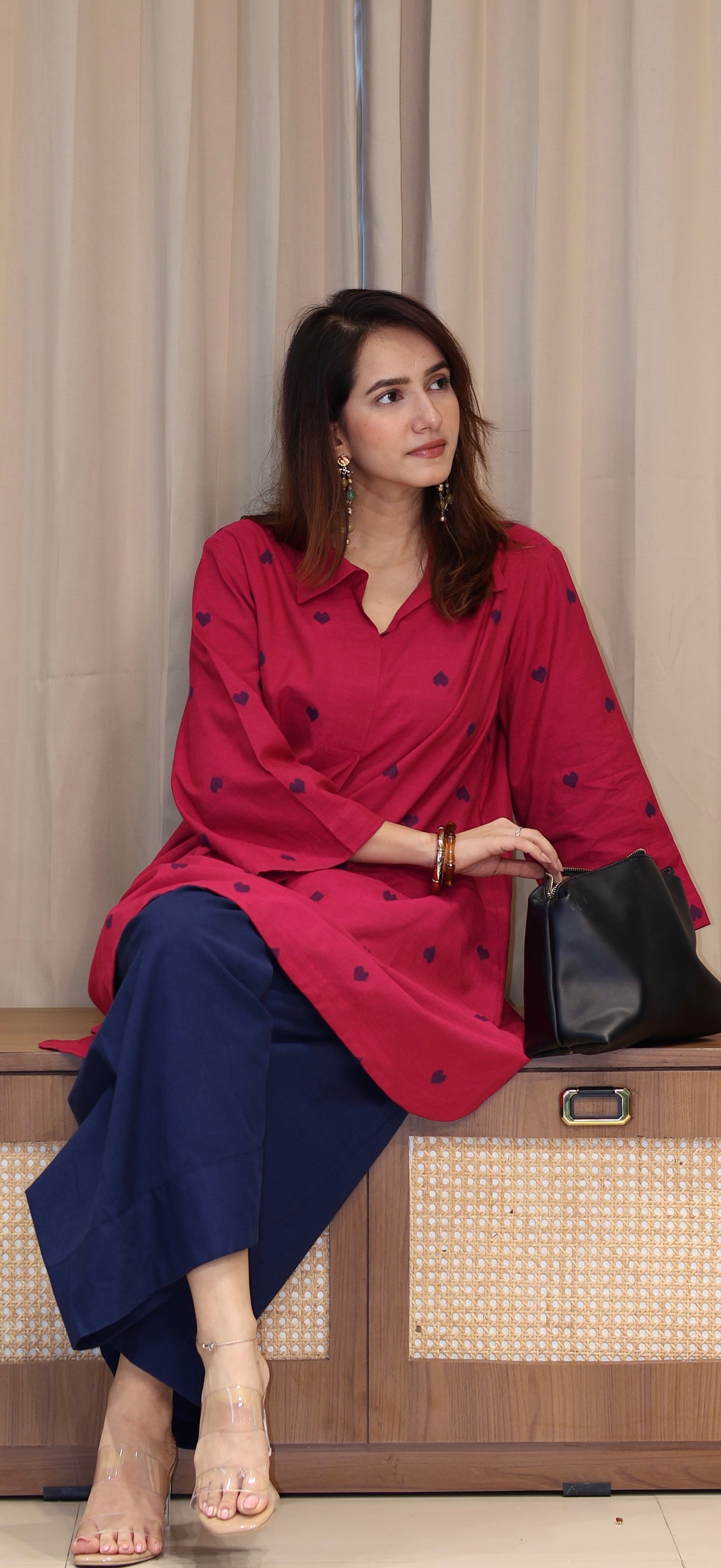 Divisha Mercerised Cotton Handwoven Kurta Set - Pink Hearts