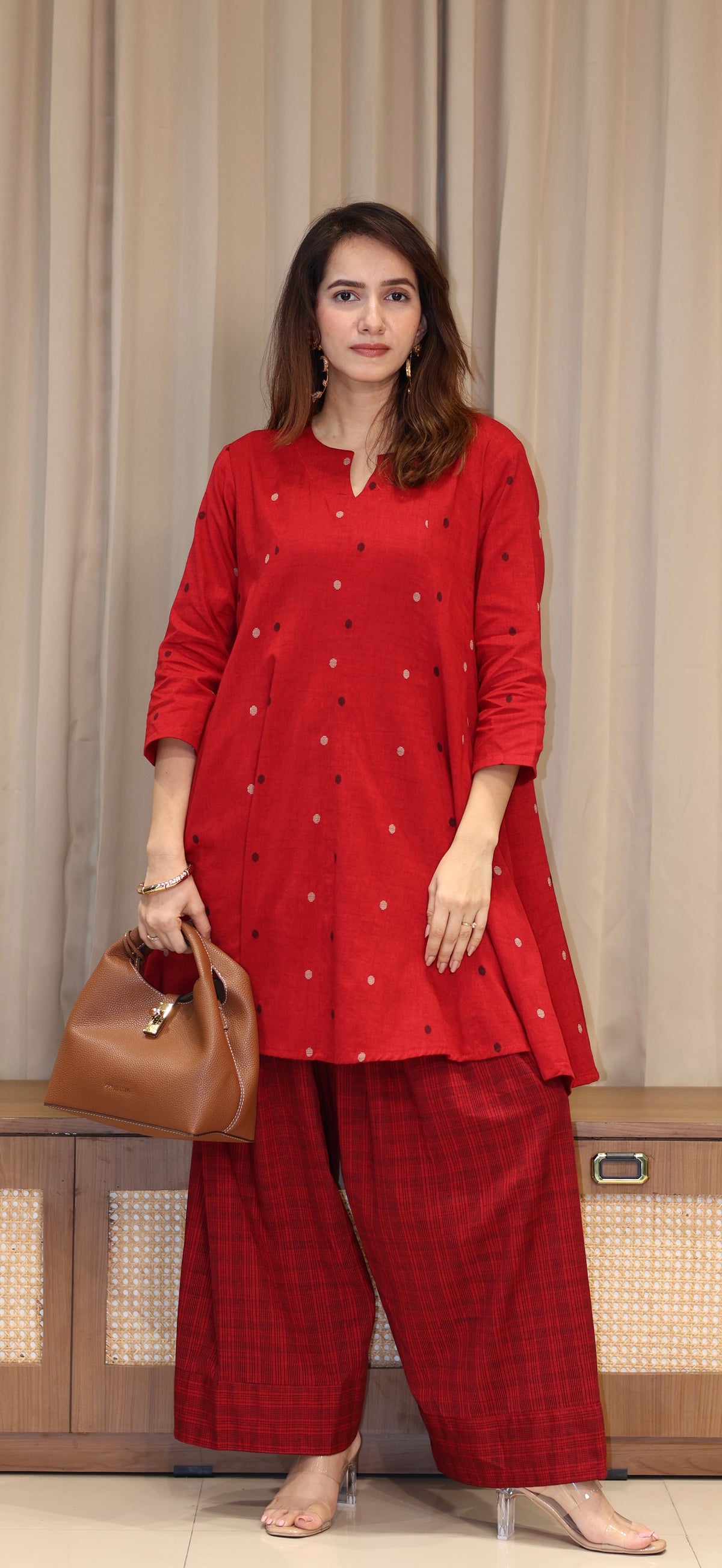 Tanvi Mercerised Cotton Handwoven Kurta Set - Red
