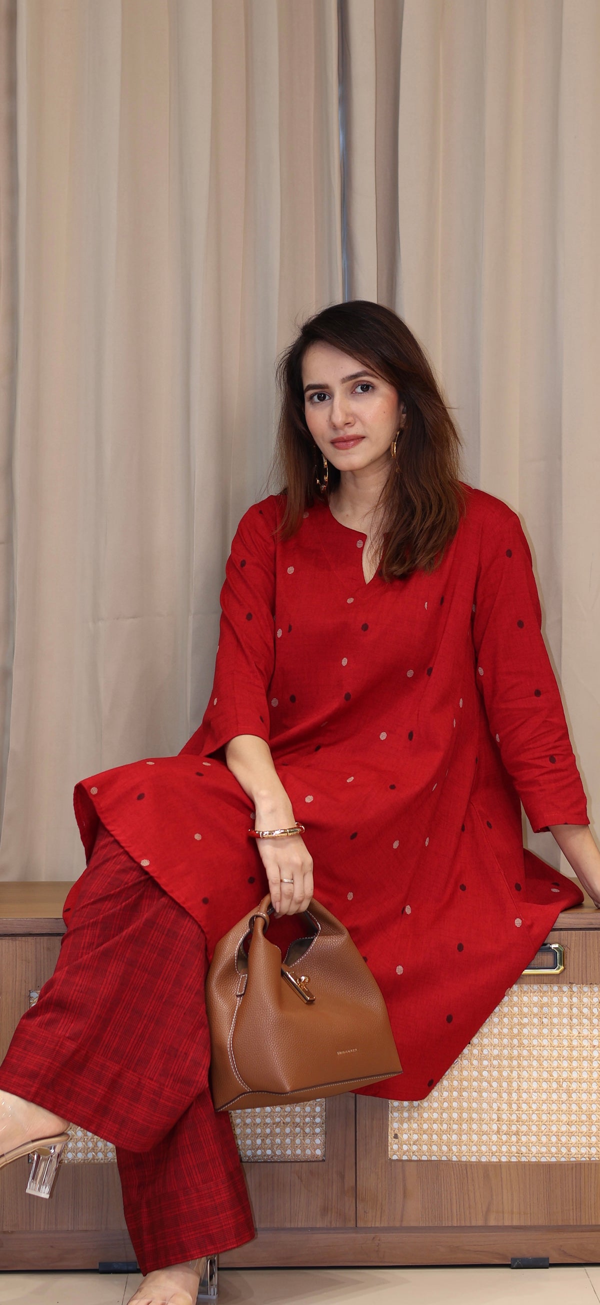 Tanvi Mercerised Cotton Handwoven Kurta Set - Red