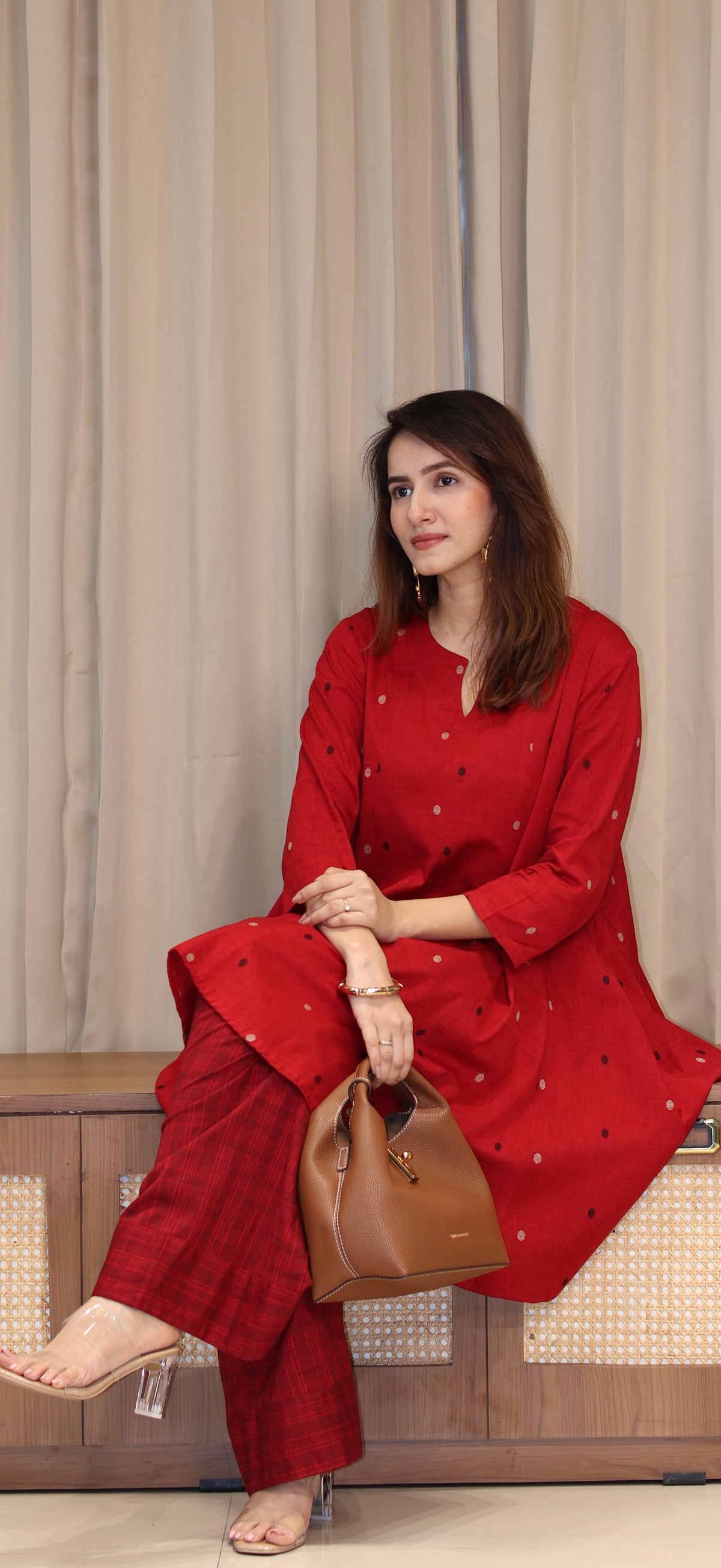 Tanvi Mercerised Cotton Handwoven Kurta Set - Red