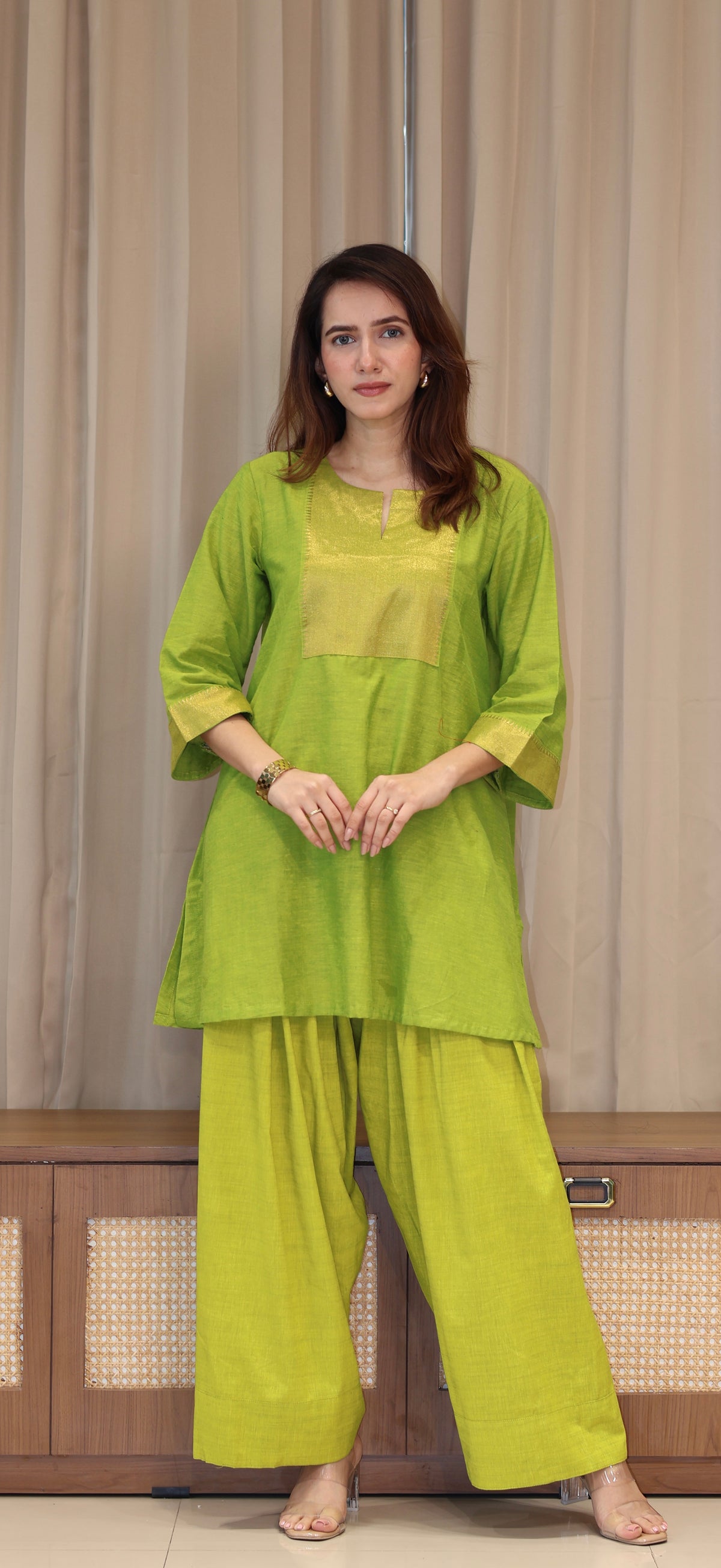 Mipal Mangalgiri Cotton Kali Kurta Set With Nizam Border - Lime Green