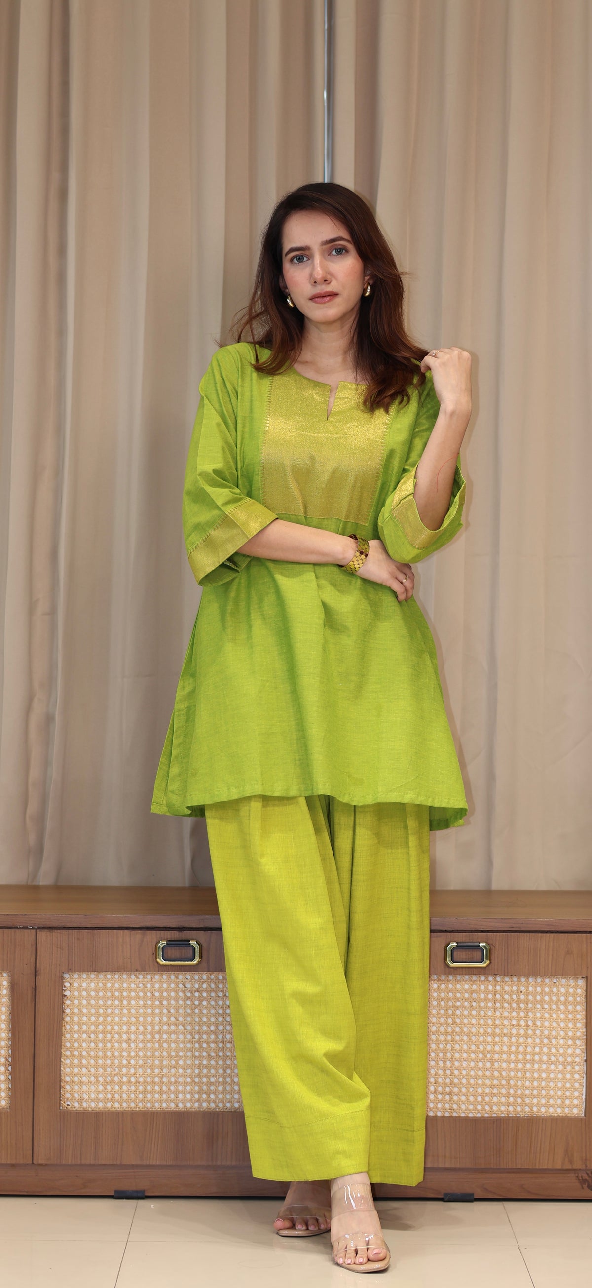 Mipal Mangalgiri Cotton Kali Kurta Set With Nizam Border - Lime Green