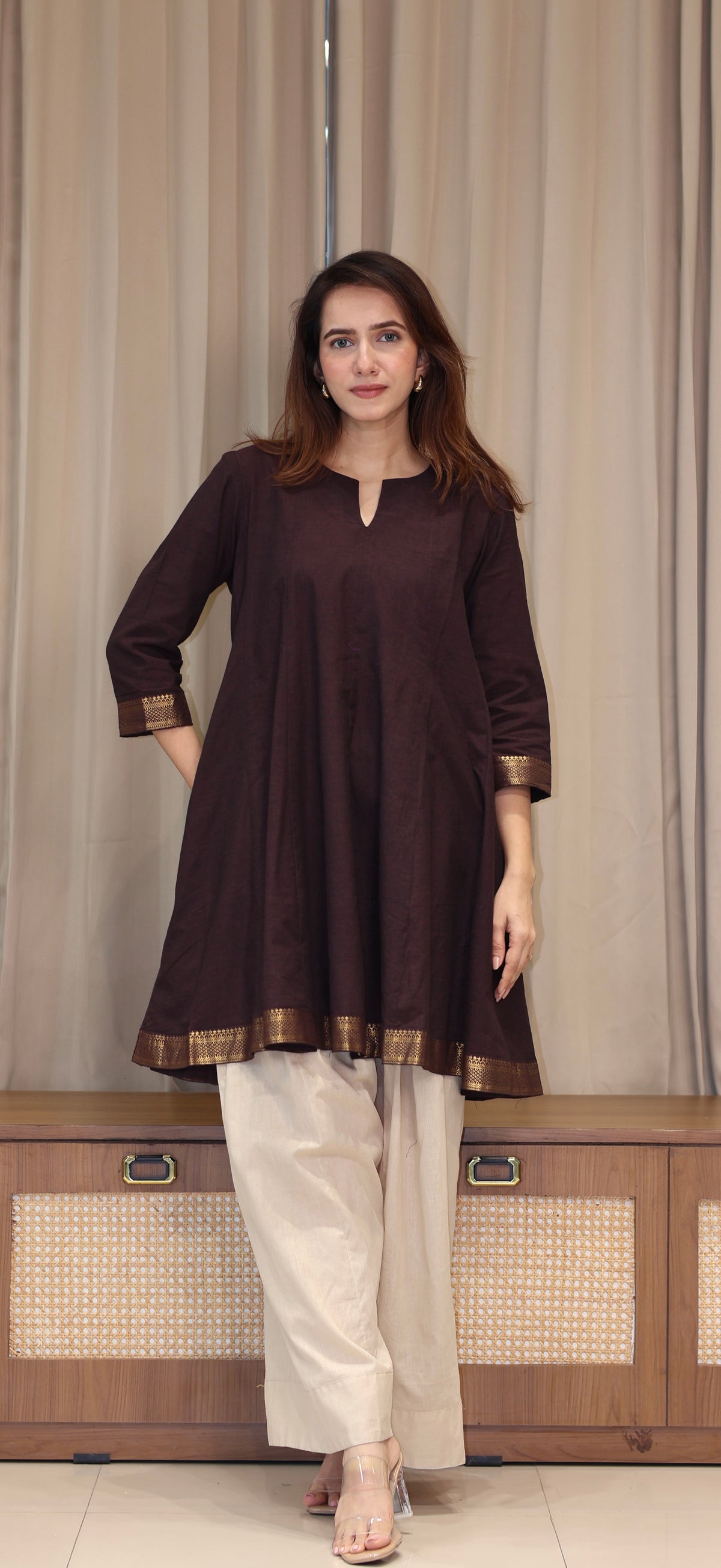 Karishma Mangalgiri Cotton Kali Kurta Set With Nizam Border - Brown