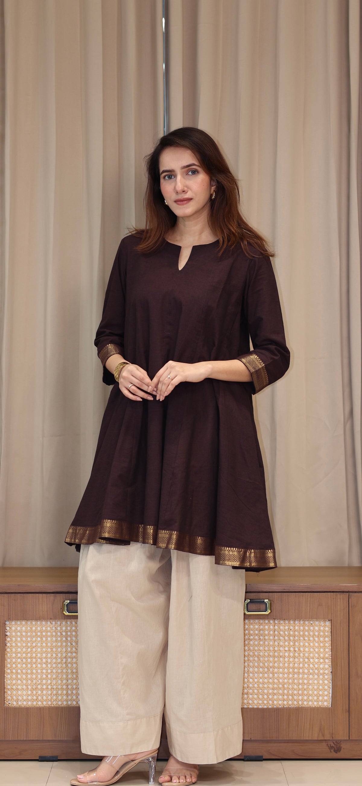 Karishma Mangalgiri Cotton Kali Kurta Set With Nizam Border - Brown