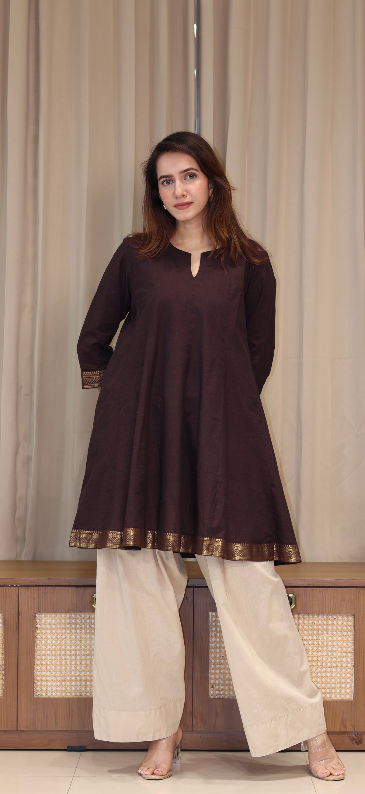 Karishma Mangalgiri Cotton Kali Kurta Set With Nizam Border - Brown