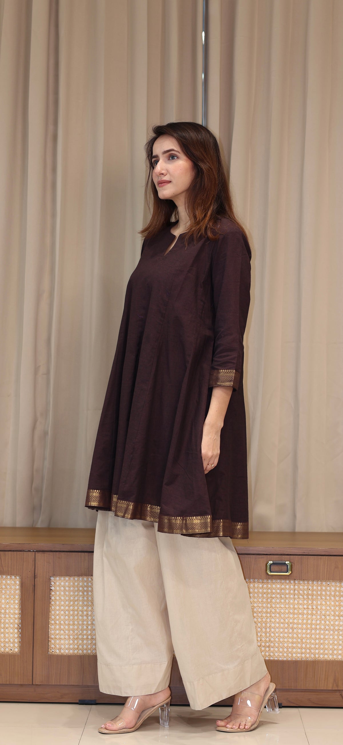 Karishma Mangalgiri Cotton Kali Kurta Set With Nizam Border - Brown