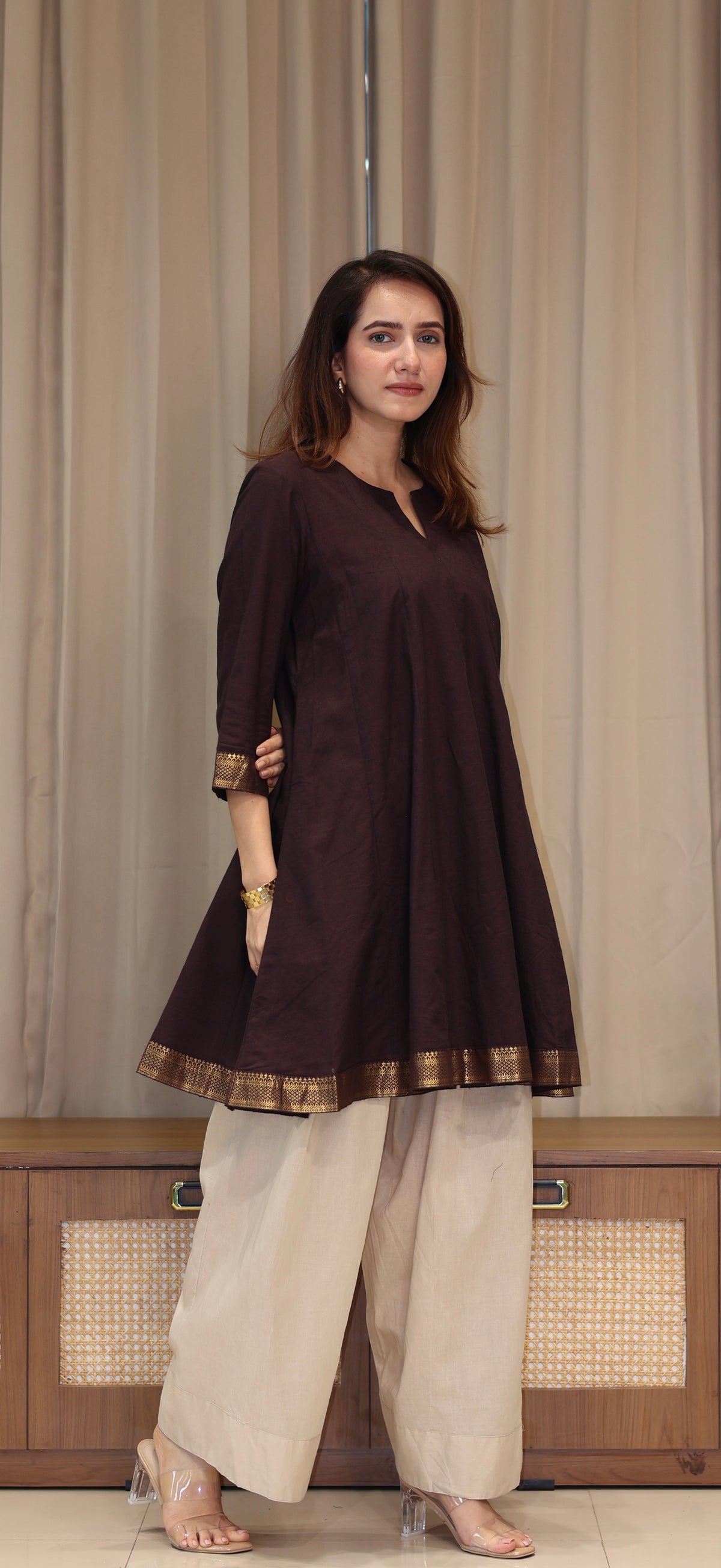 Karishma Mangalgiri Cotton Kali Kurta Set With Nizam Border - Brown
