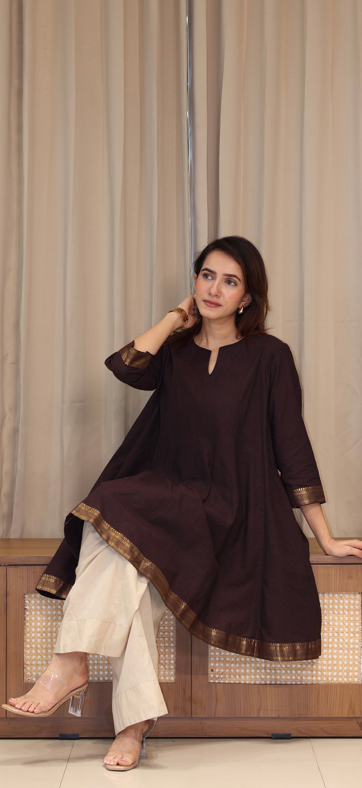 Karishma Mangalgiri Cotton Kali Kurta Set With Nizam Border - Brown