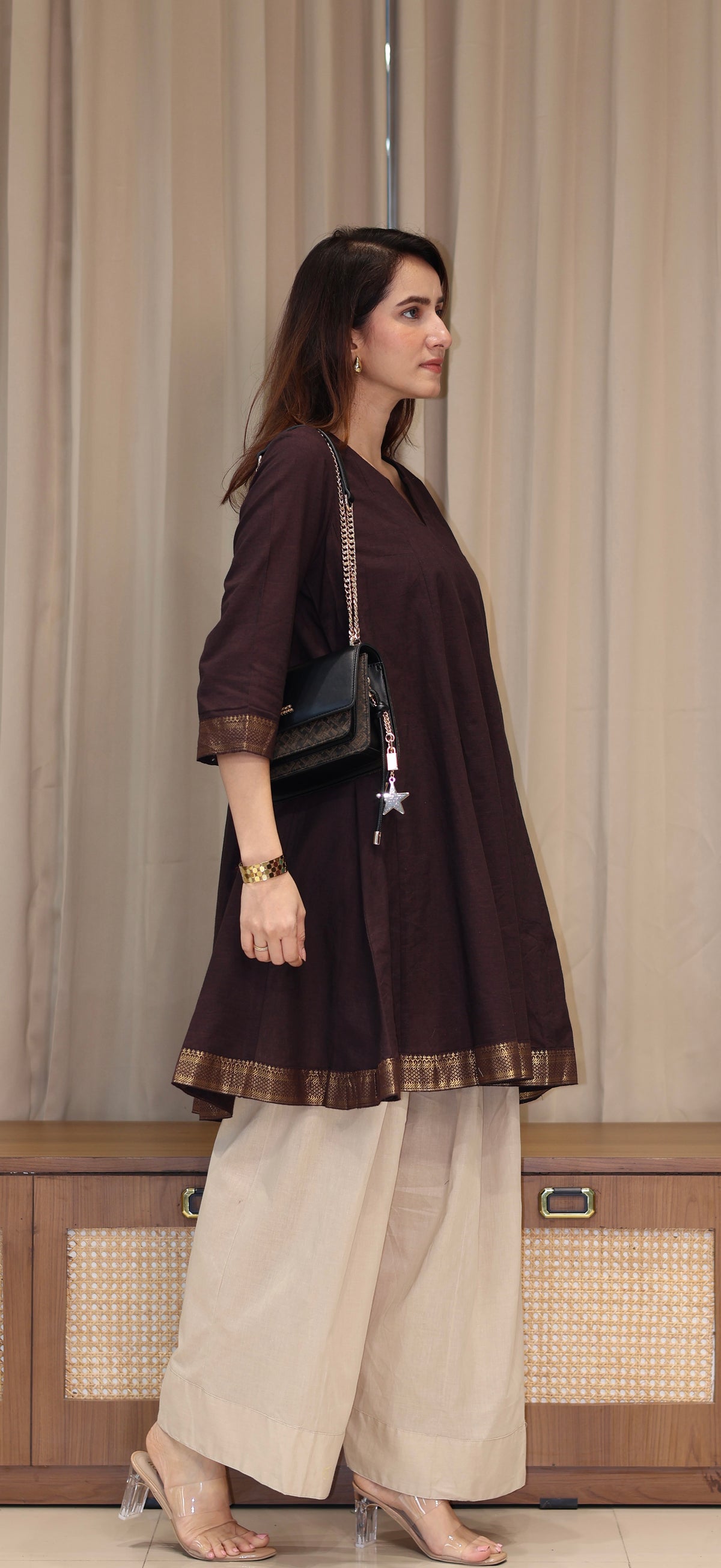 Karishma Mangalgiri Cotton Kali Kurta Set With Nizam Border - Brown
