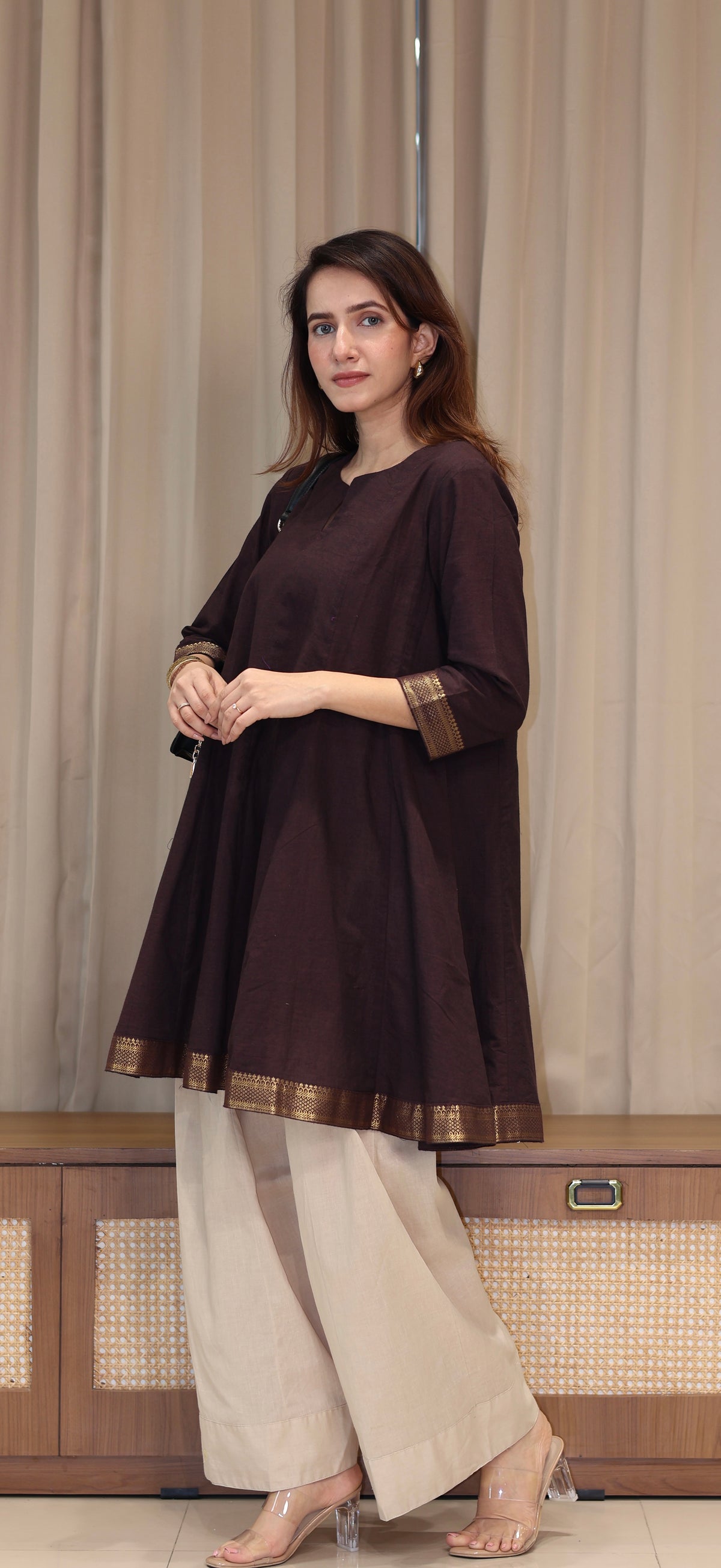 Karishma Mangalgiri Cotton Kali Kurta Set With Nizam Border - Brown