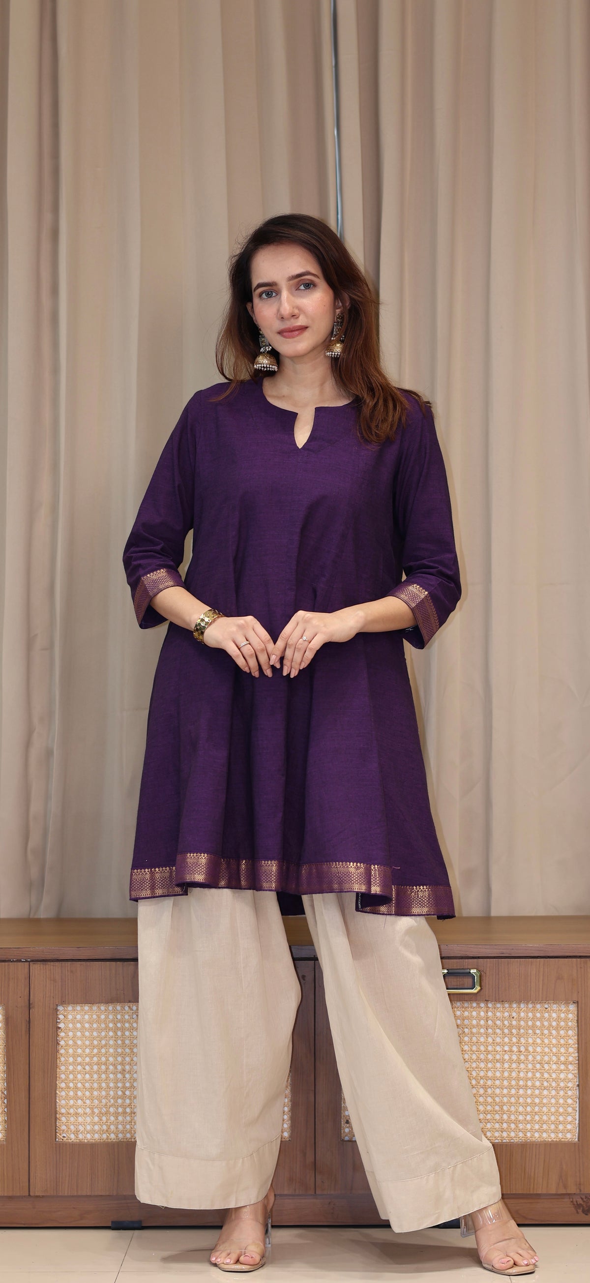 Kareena Mangalgiri Cotton Kali Kurta Set With Nizam Border - Purple