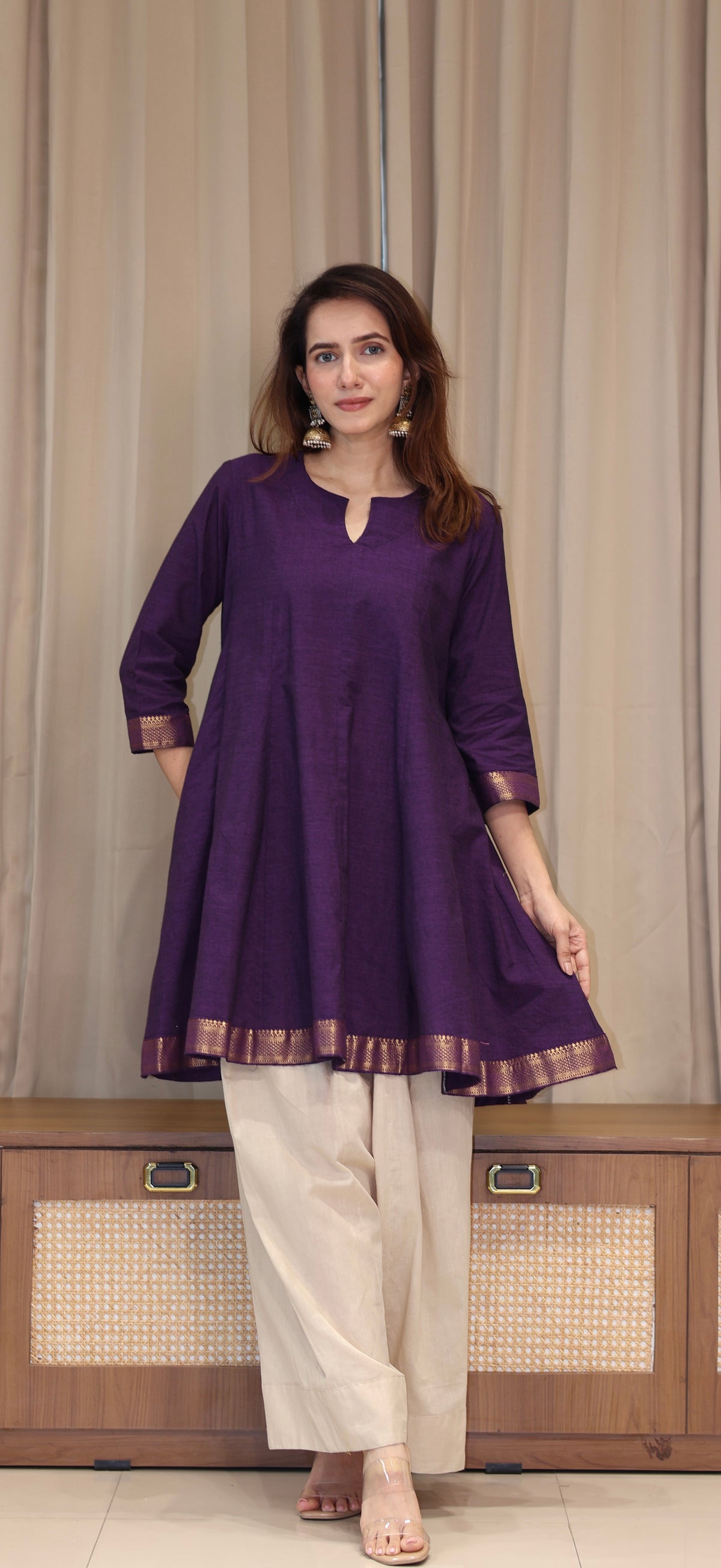 Kareena Mangalgiri Cotton Kali Kurta Set With Nizam Border - Purple