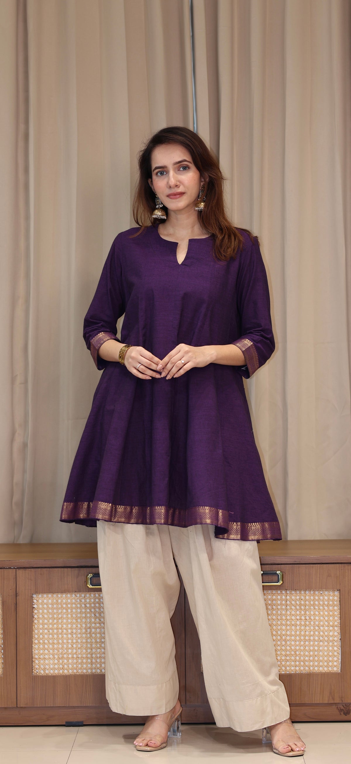 Kareena Mangalgiri Cotton Kali Kurta Set With Nizam Border - Purple