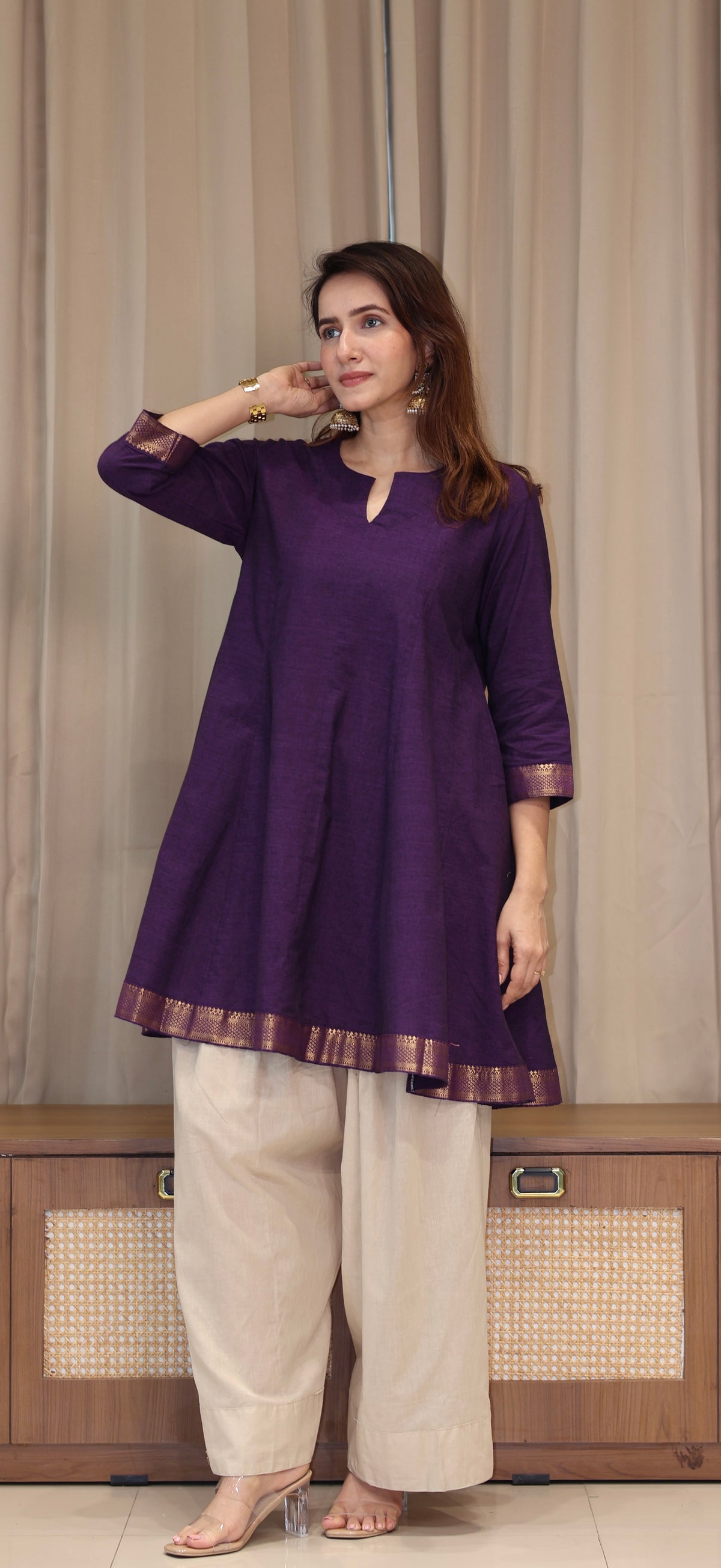 Kareena Mangalgiri Cotton Kali Kurta Set With Nizam Border - Purple