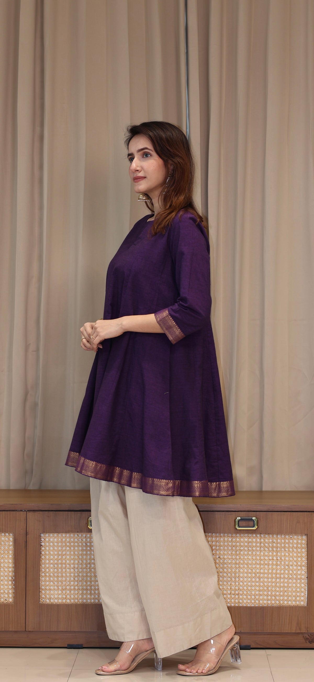Kareena Mangalgiri Cotton Kali Kurta Set With Nizam Border - Purple