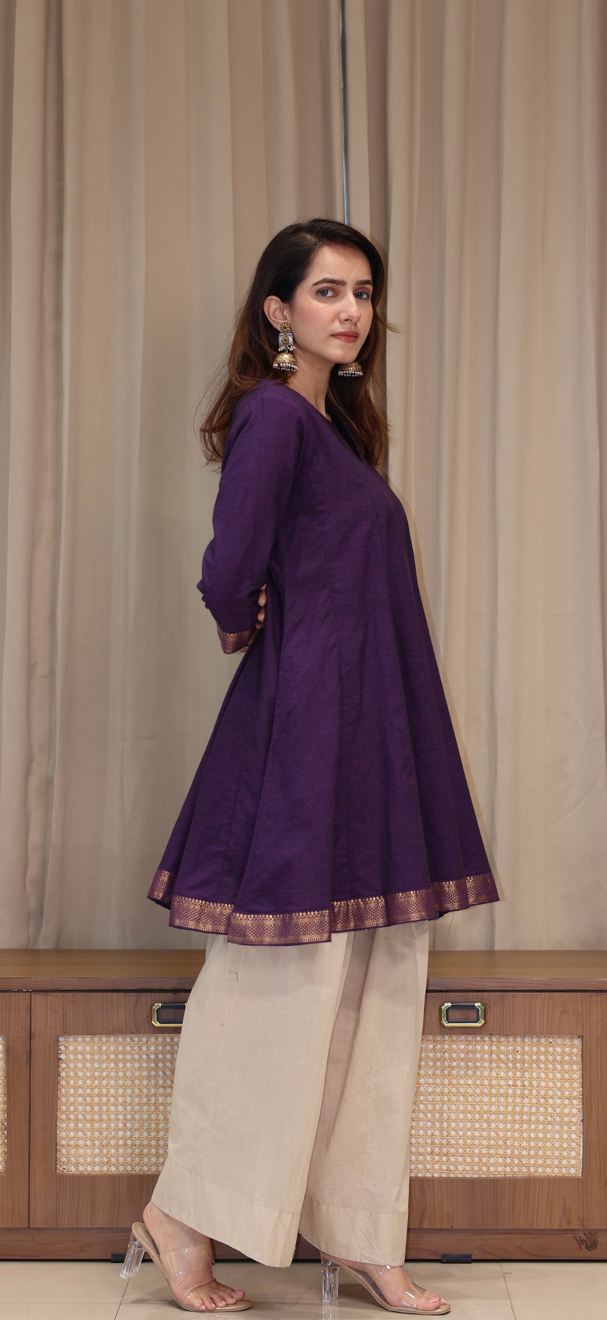 Kareena Mangalgiri Cotton Kali Kurta Set With Nizam Border - Purple