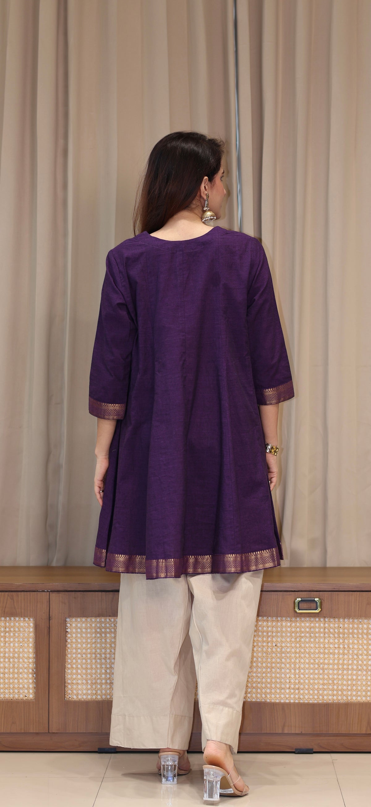 Kareena Mangalgiri Cotton Kali Kurta Set With Nizam Border - Purple