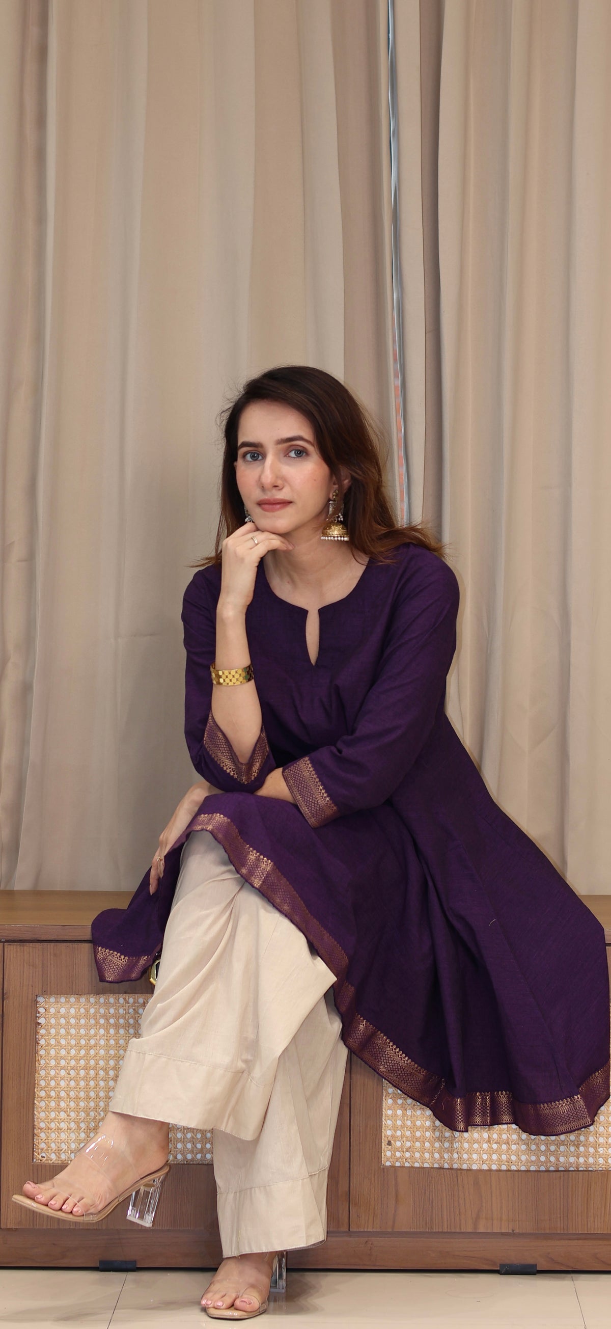 Kareena Mangalgiri Cotton Kali Kurta Set With Nizam Border - Purple