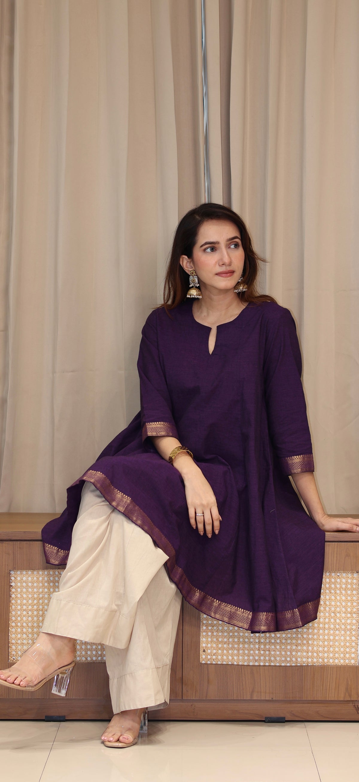 Kareena Mangalgiri Cotton Kali Kurta Set With Nizam Border - Purple